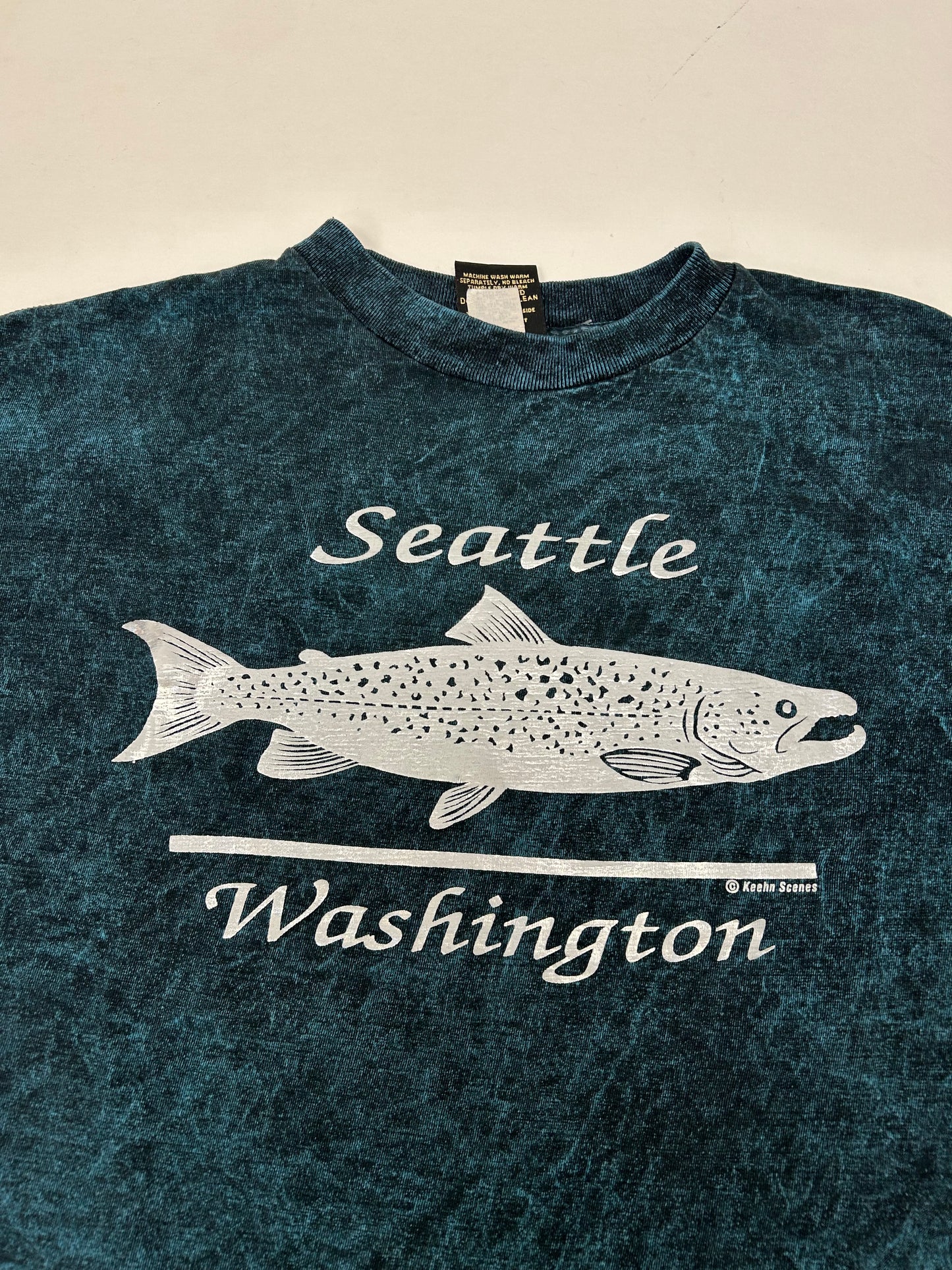 Vintage 90s Seattle Washington Trout Fish Green Dye Tee Tagged OSFA Boxyish L/XL Fit 23.5x27.75 Inches