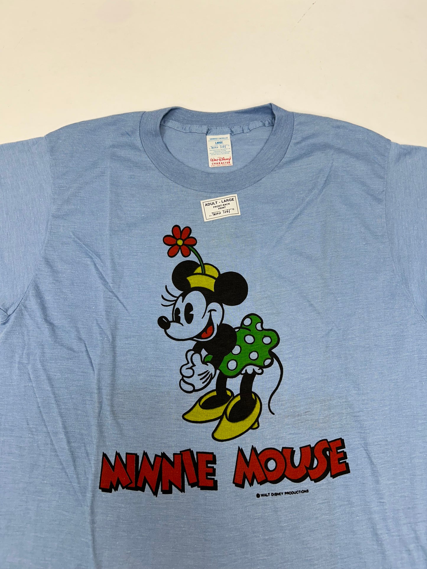 Vintage 70s Tropix Togs Double Sided Minnie Mouse Single Stitch Tagged Large Fits Medium 19.75x29.5 Inches Blue New