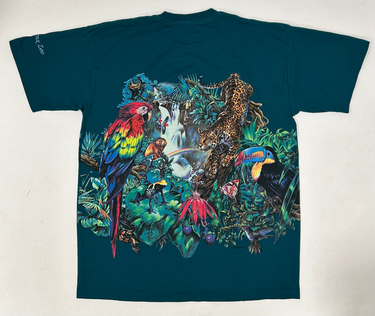 Vintage Bronx Zoo Habitat Rainforest Animal All Over Print Blue T Shirt 90s NYC XL 23.75x31 Inches