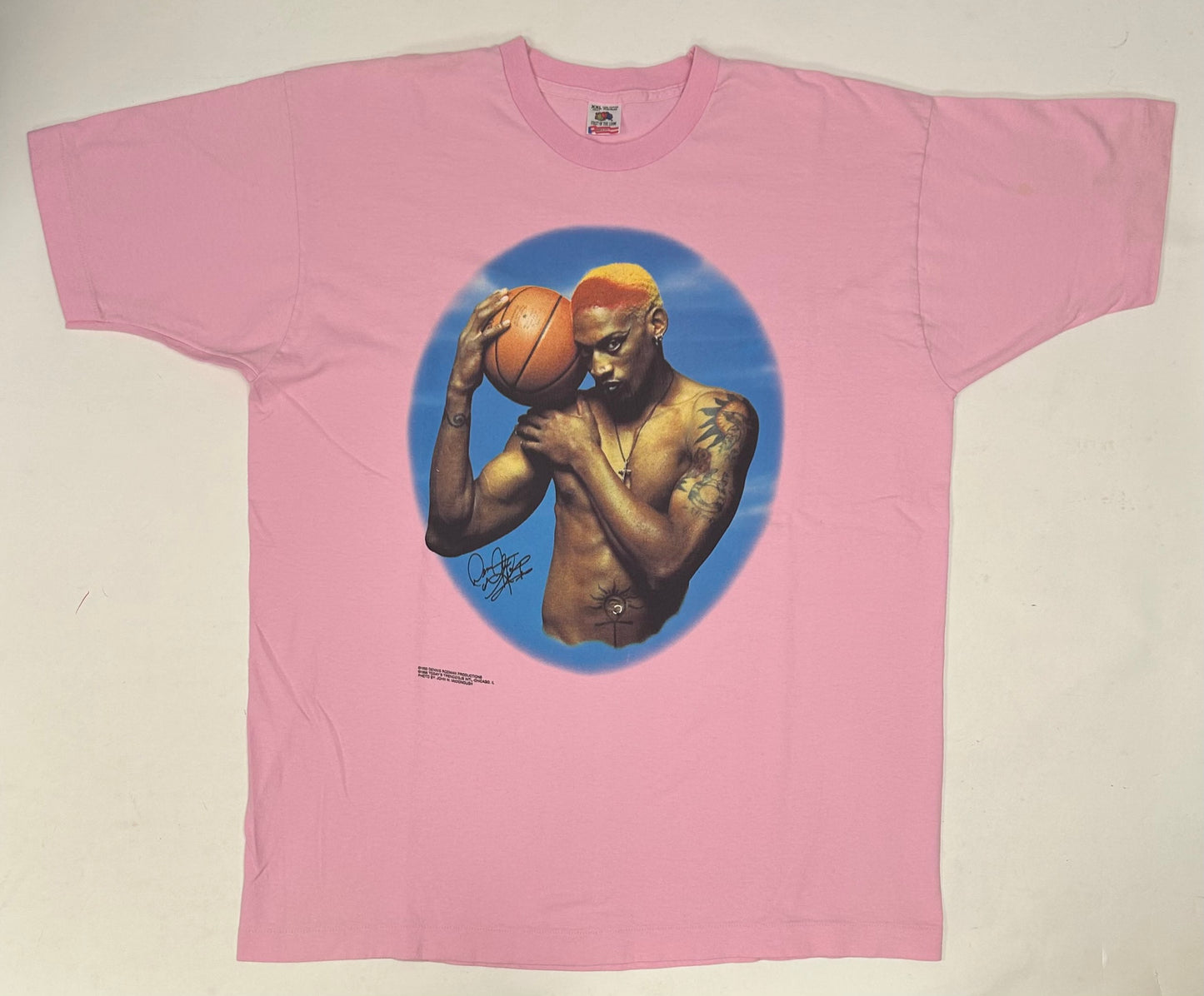 Vintage Dennis Rodman Bad As I Wanna Be Print Tee Pink Rare 2XL 25.25x32.5 Inches FOTL Tag Chicago Bulls
