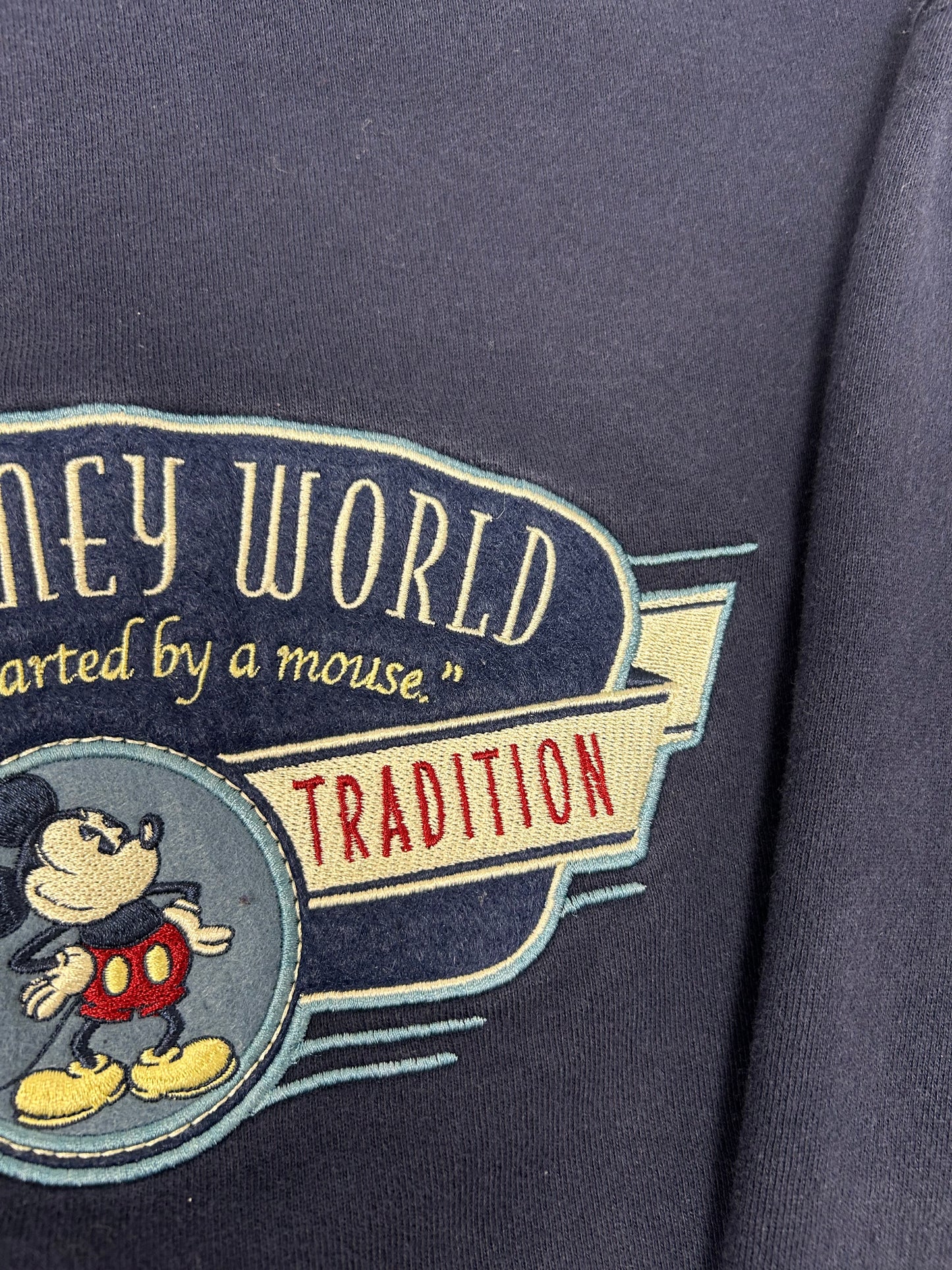 Vintage 00s Walt Disney World American Tradition Mickey Mouse Embroidered Logo Zip Hooded Sweatshirt XL Navy