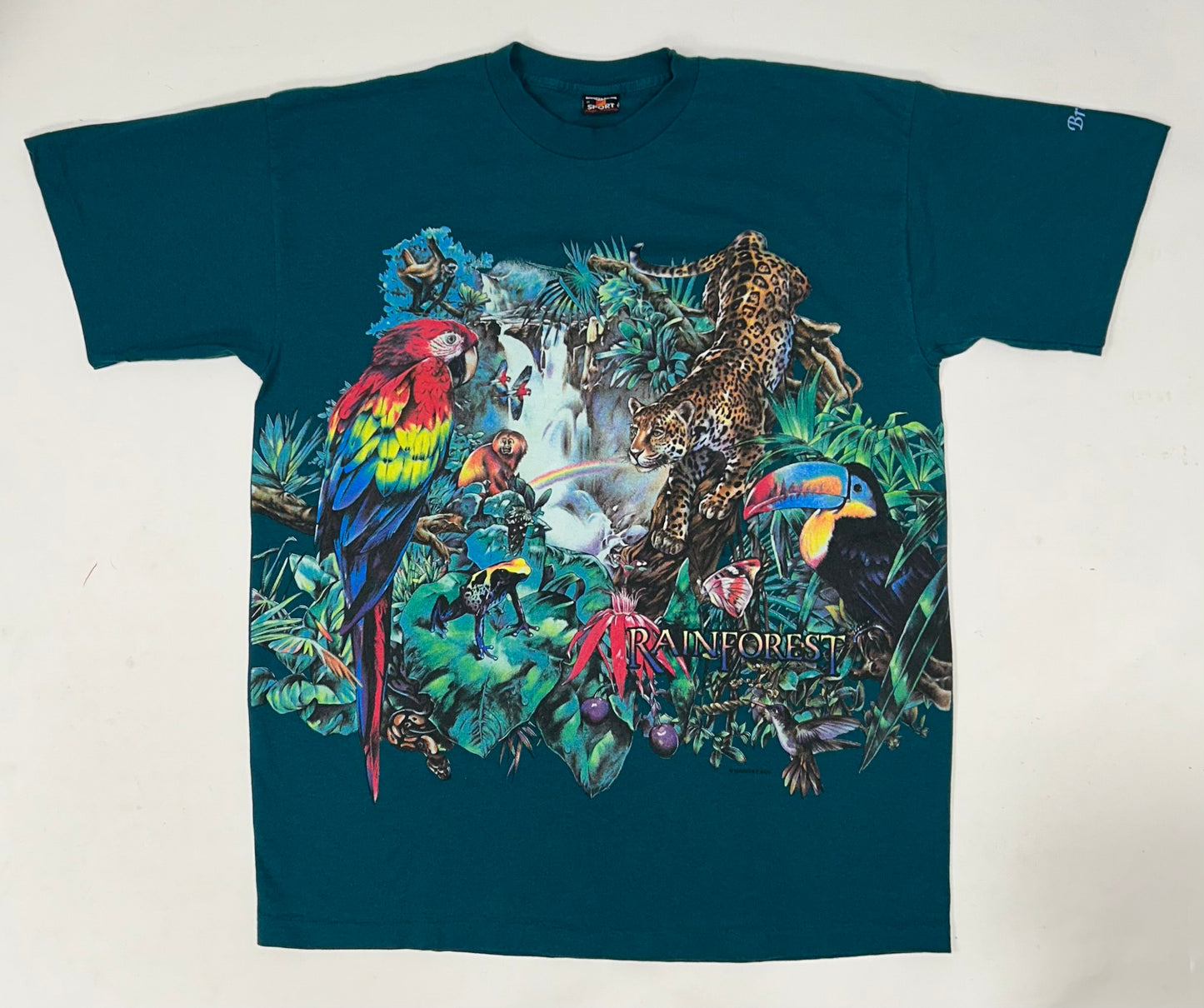 Vintage Bronx Zoo Habitat Rainforest Animal All Over Print Blue T Shirt 90s NYC XL 23.75x31 Inches
