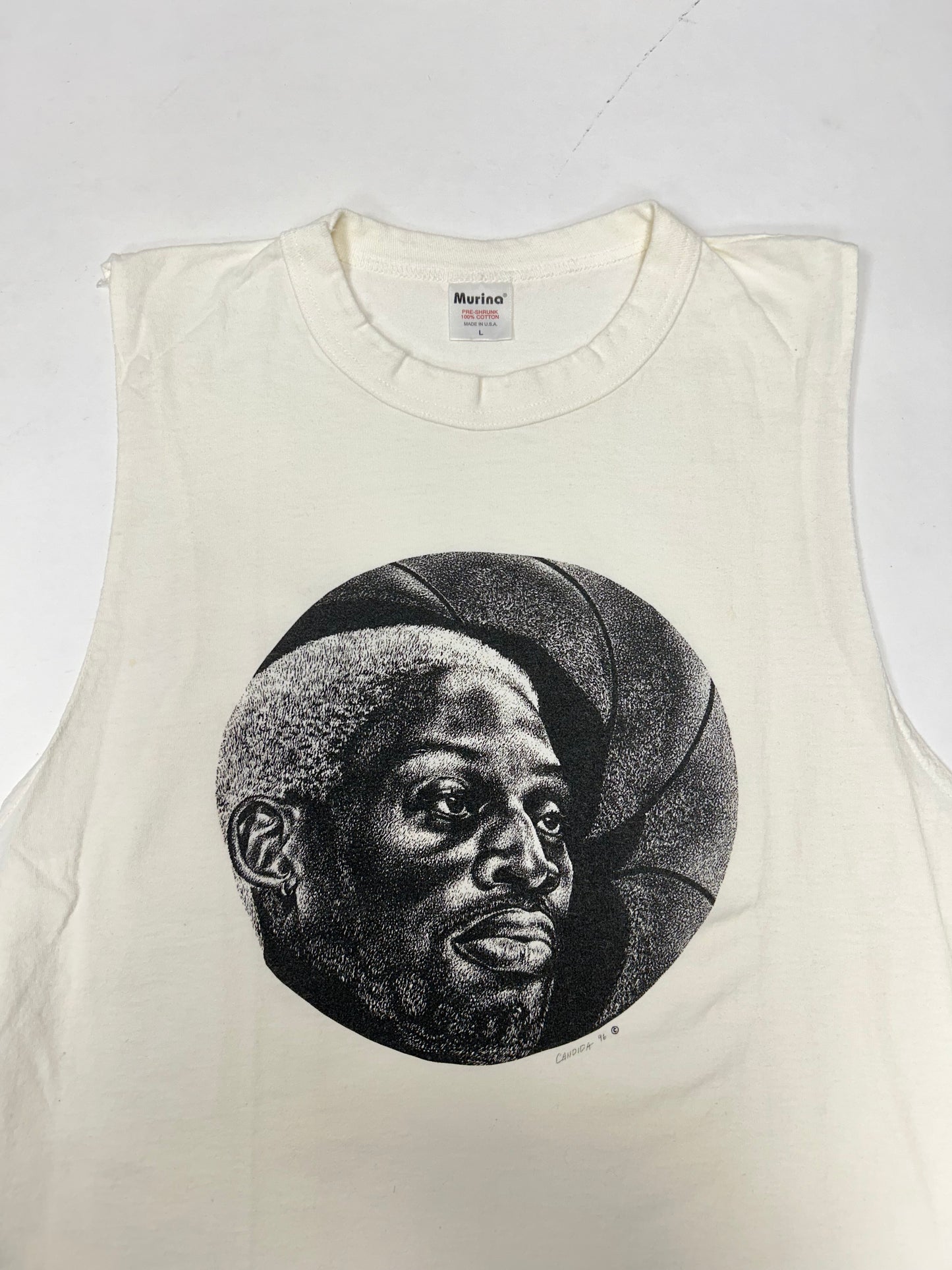 Vintage Dennis Rodman Shadow Graphic Candida 1996 Tank Top Sleeveless Shirt Large 20.75x28.5 Inches White