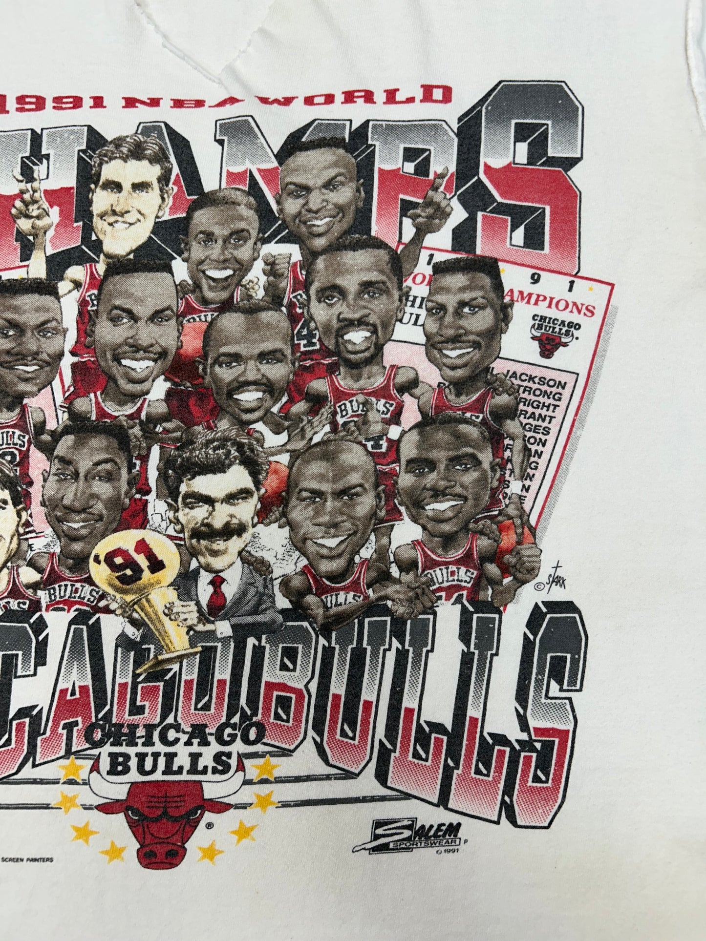 Vintage Chicago Bulls 1991 NBA Champs Caricature Team Salem Sportswear Sleeveless Chopped Tank Top Tee Medium/Small Fit