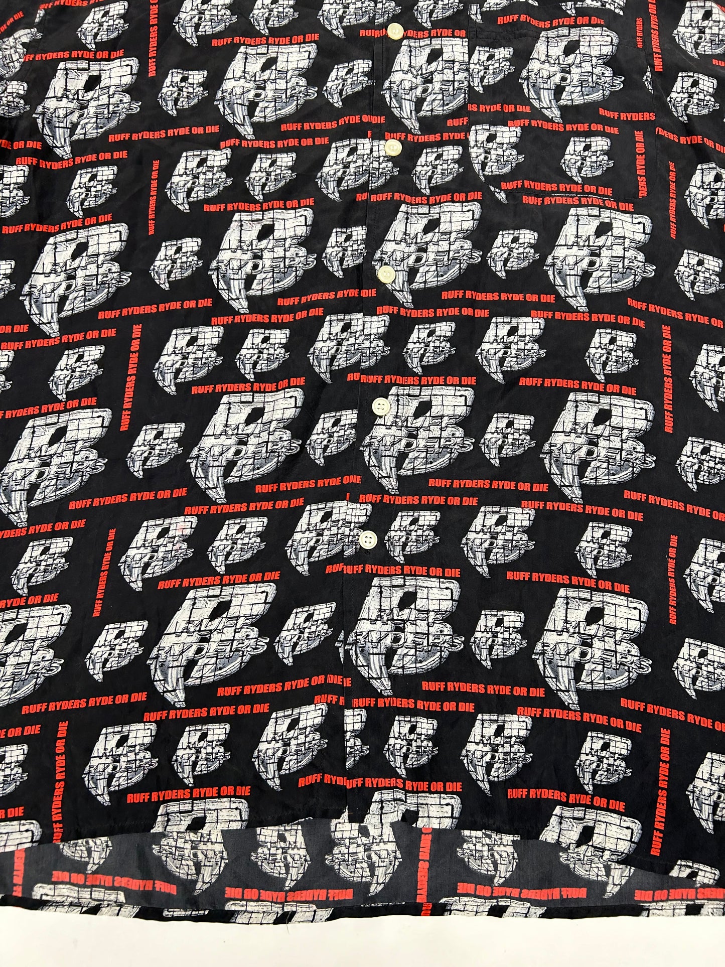 Vintage Ruff Ryders Ryde Or Die Button Up Silk All Over Print DMX Rap Tee XL/2XL 27.5x33.75/35.5 Inches