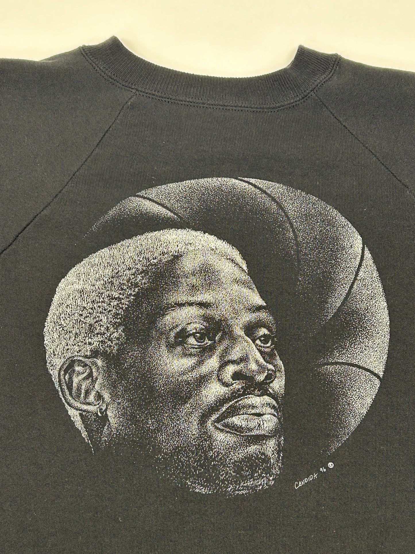 Vintage Dennis Rodman Shadow Graphic Print Candida 1996 Raglan Style Crewneck Sweatshirt Tagged XL Fits Like Large 24.75x27.25 Inches