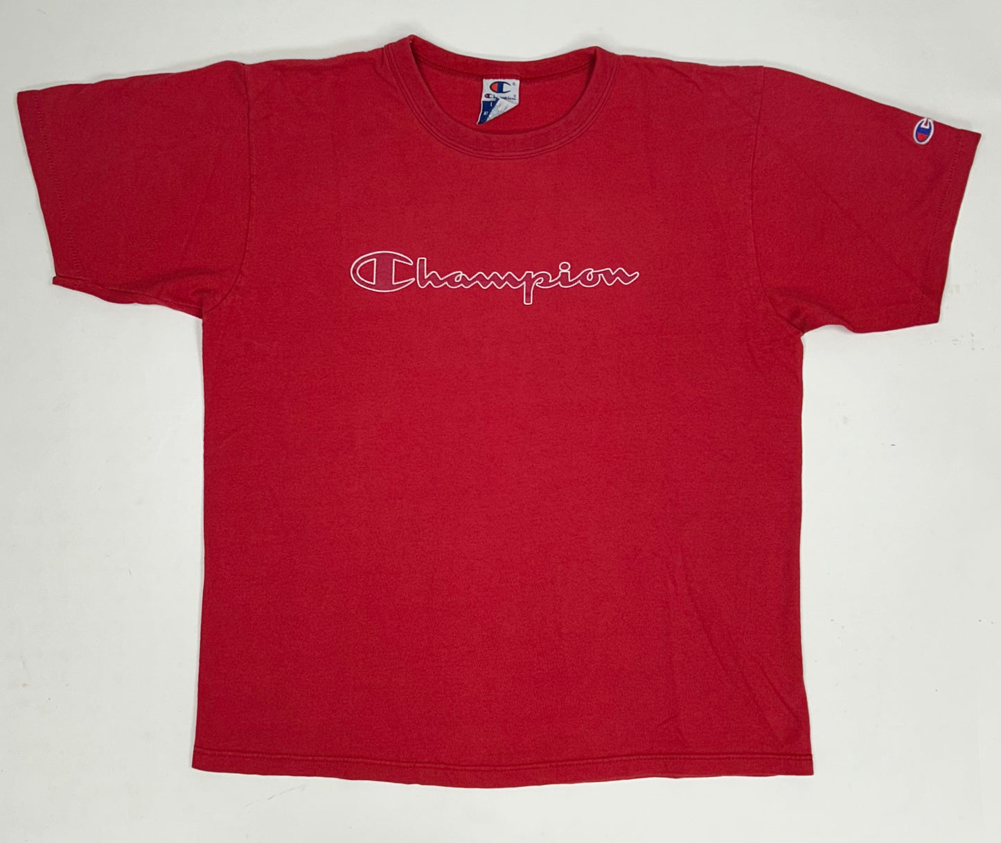 Vintage 90s Champion Script Spell Out Logo Tee Large 23x27.75 Inches Made In USA Tagged Large