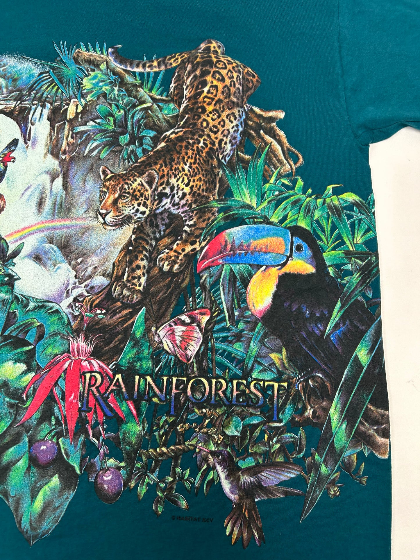 Vintage Bronx Zoo Habitat Rainforest Animal All Over Print Blue T Shirt 90s NYC XL 23.75x31 Inches