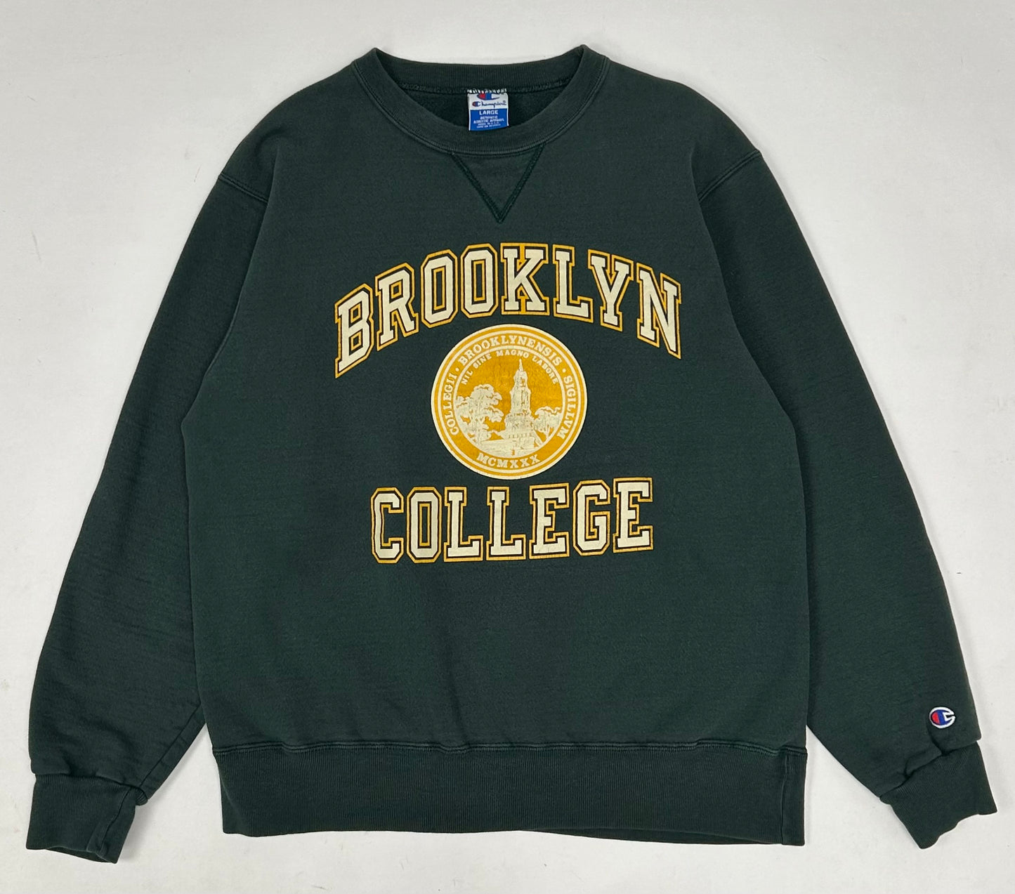 Vintage Brooklyn College Champion Sweatshirt USA Green 95/5 M/L Fit 22.25x27 Inches 90s