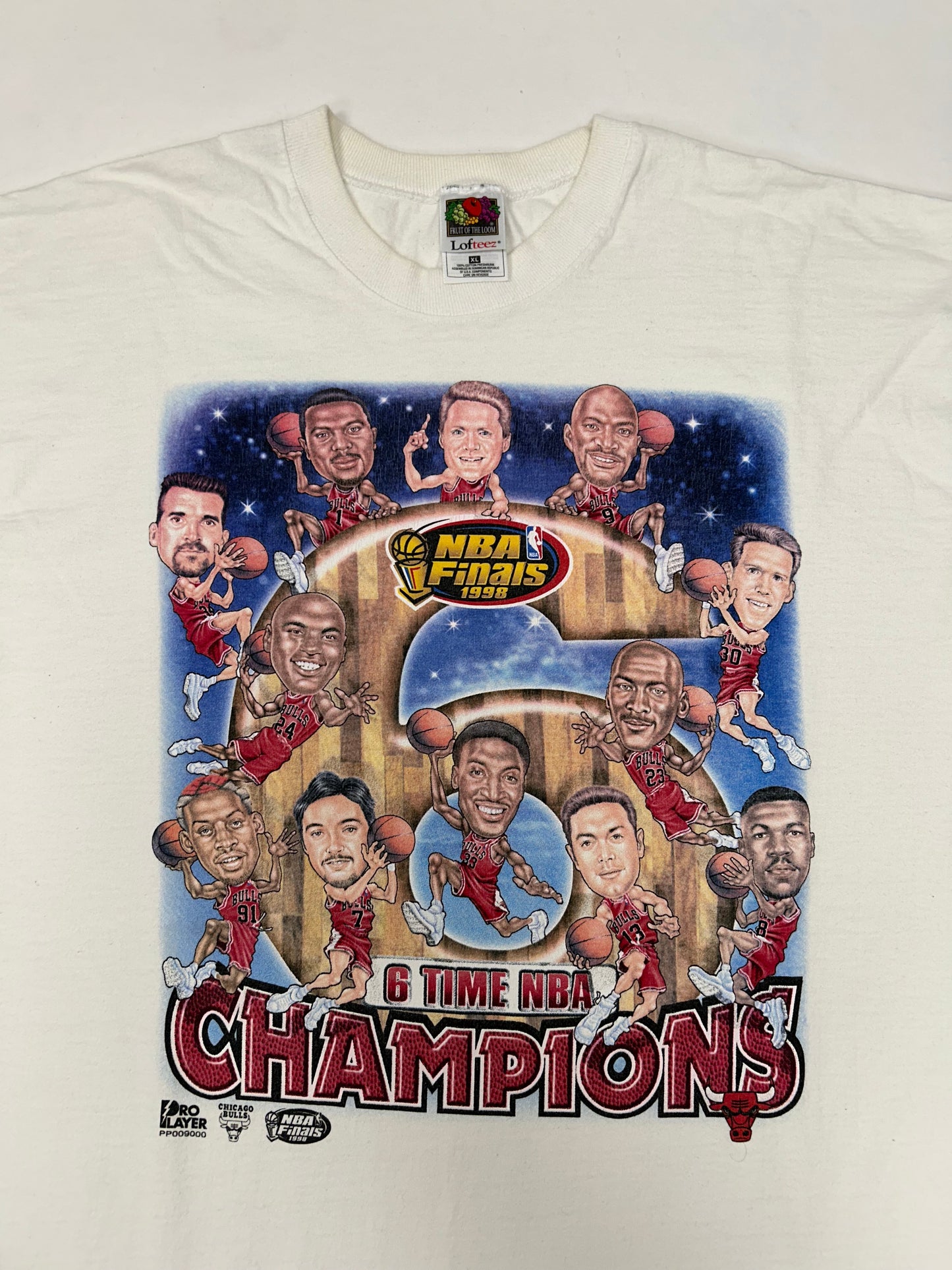 Vintage Pro Player Chicago Bulls 1998 6 Time NBA Champion Caricature Team Tee XL 24x31 Inches As Is