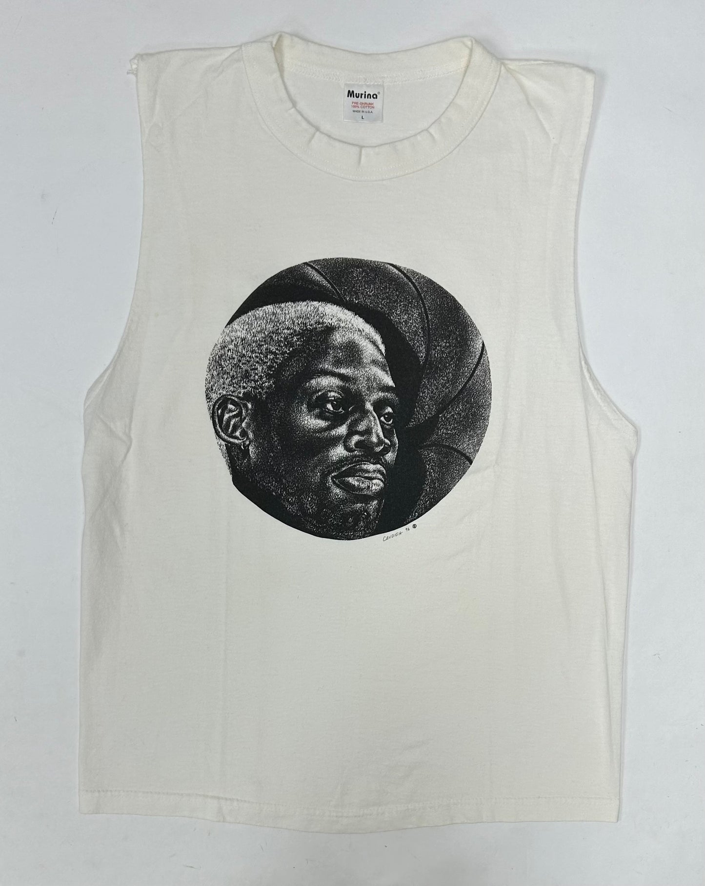 Vintage Dennis Rodman Shadow Graphic Candida 1996 Tank Top Sleeveless Shirt Large 20.75x28.5 Inches White