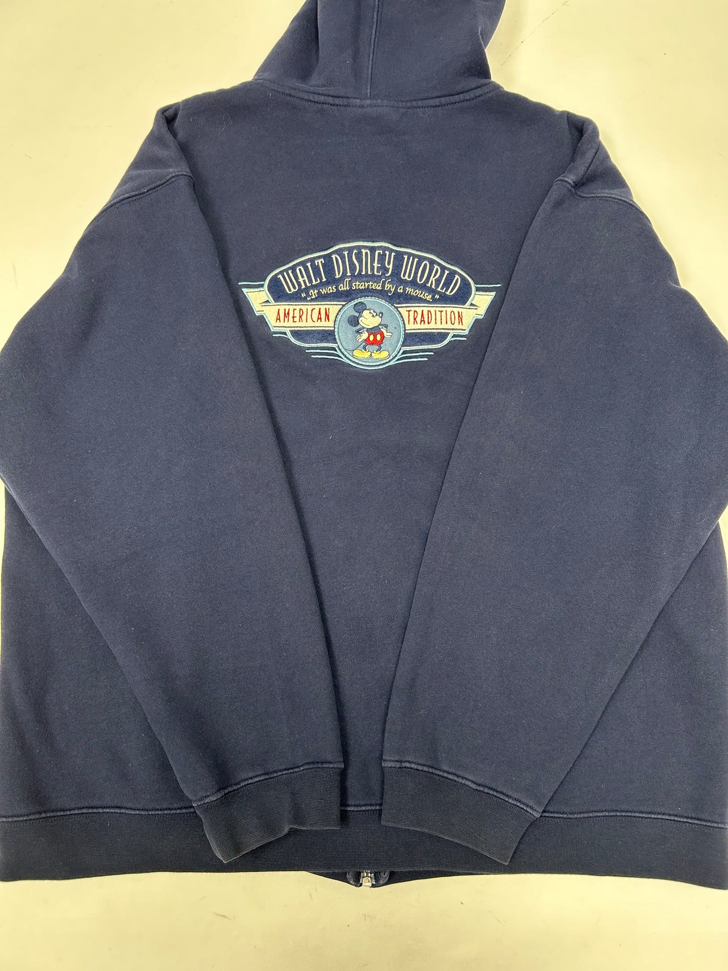 Vintage 00s Walt Disney World American Tradition Mickey Mouse Embroidered Logo Zip Hooded Sweatshirt XL Navy