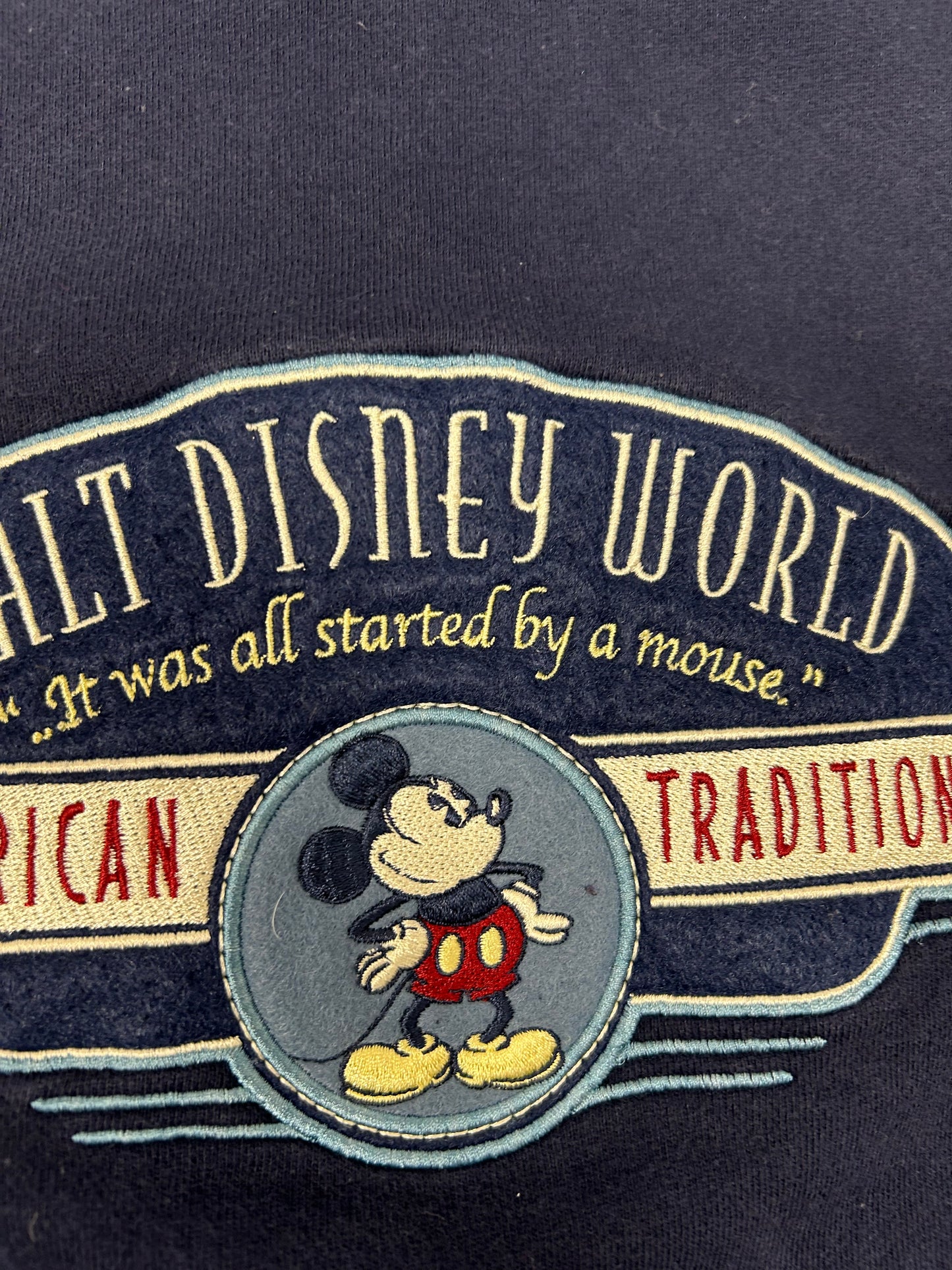 Vintage 00s Walt Disney World American Tradition Mickey Mouse Embroidered Logo Zip Hooded Sweatshirt XL Navy
