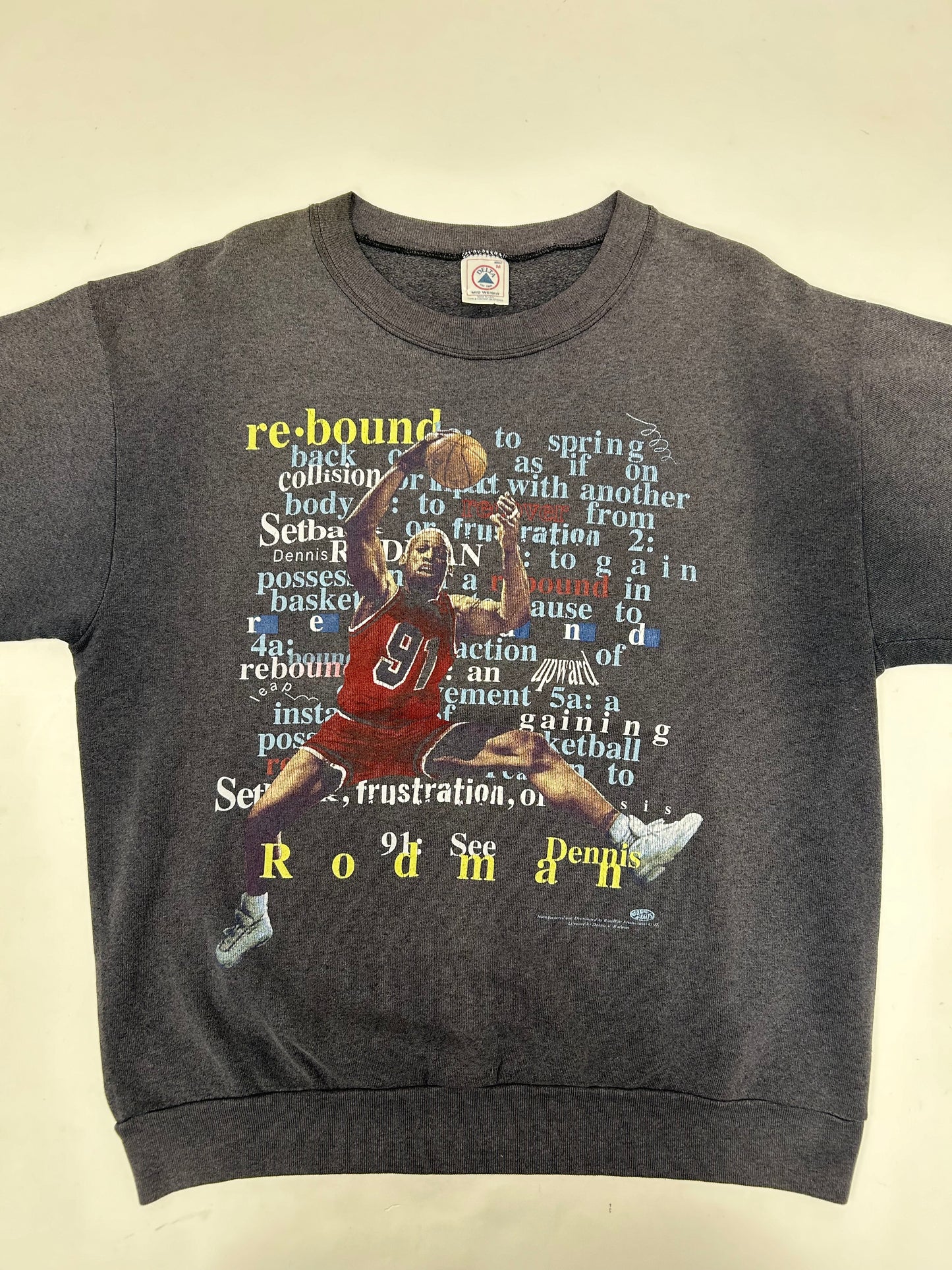 Vintage 1997 Dennis Rodman Rebound Definition Blue Hair Productions Crewneck Sweatshirt Medium 23.25x27.25 Inches Worn Faded As Is