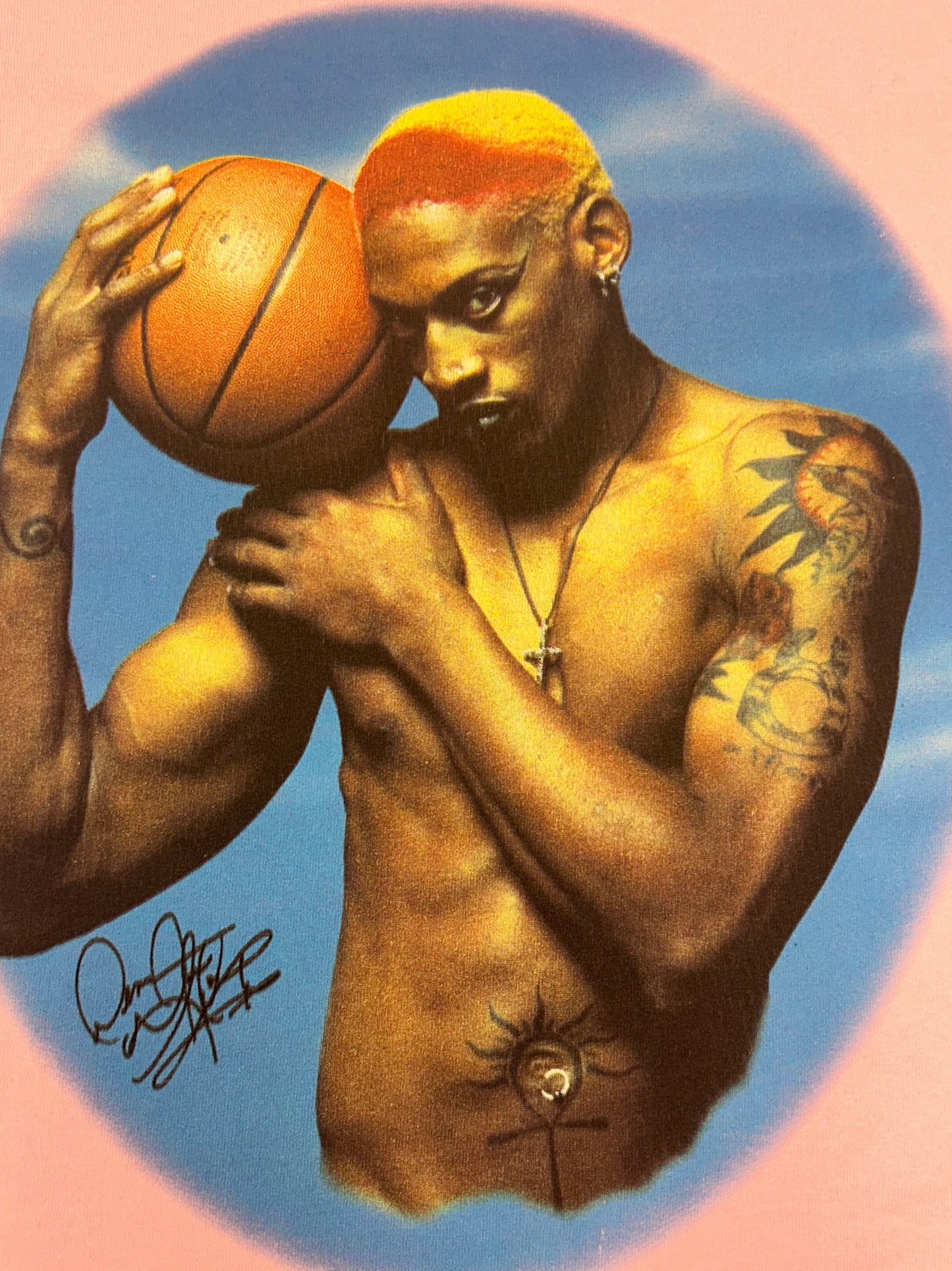 Vintage Dennis Rodman Bad As I Wanna Be Print Tee Pink Rare 2XL 25.25x32.5 Inches FOTL Tag Chicago Bulls