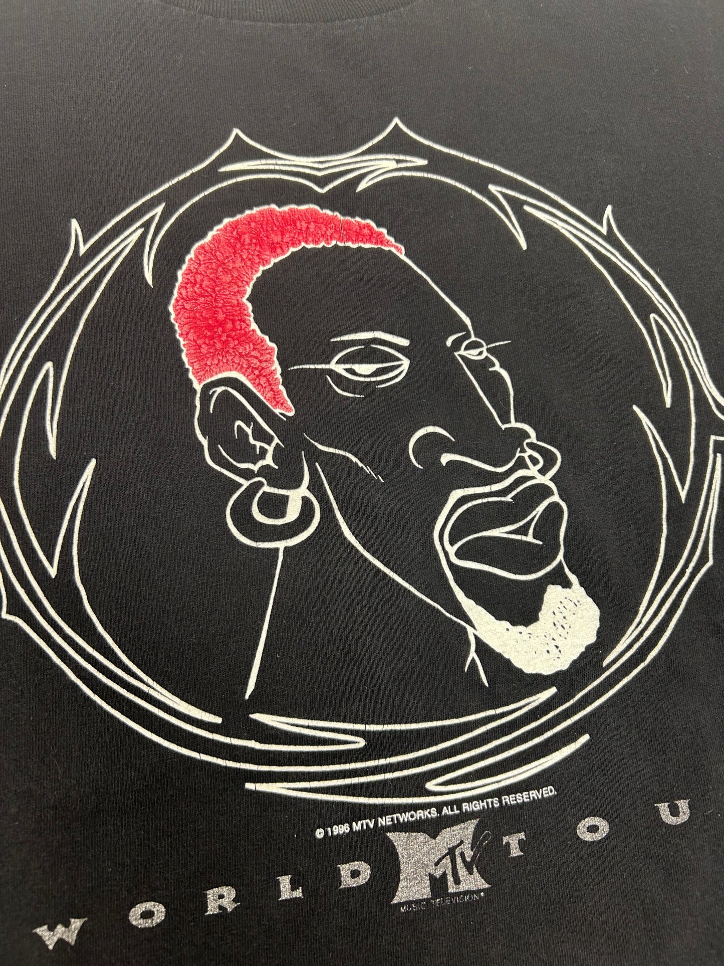 Vintage Dennis Rodman MTV World Tour 1996 Promo Tee XL 23.25x28 Inches Red Puffy Hair