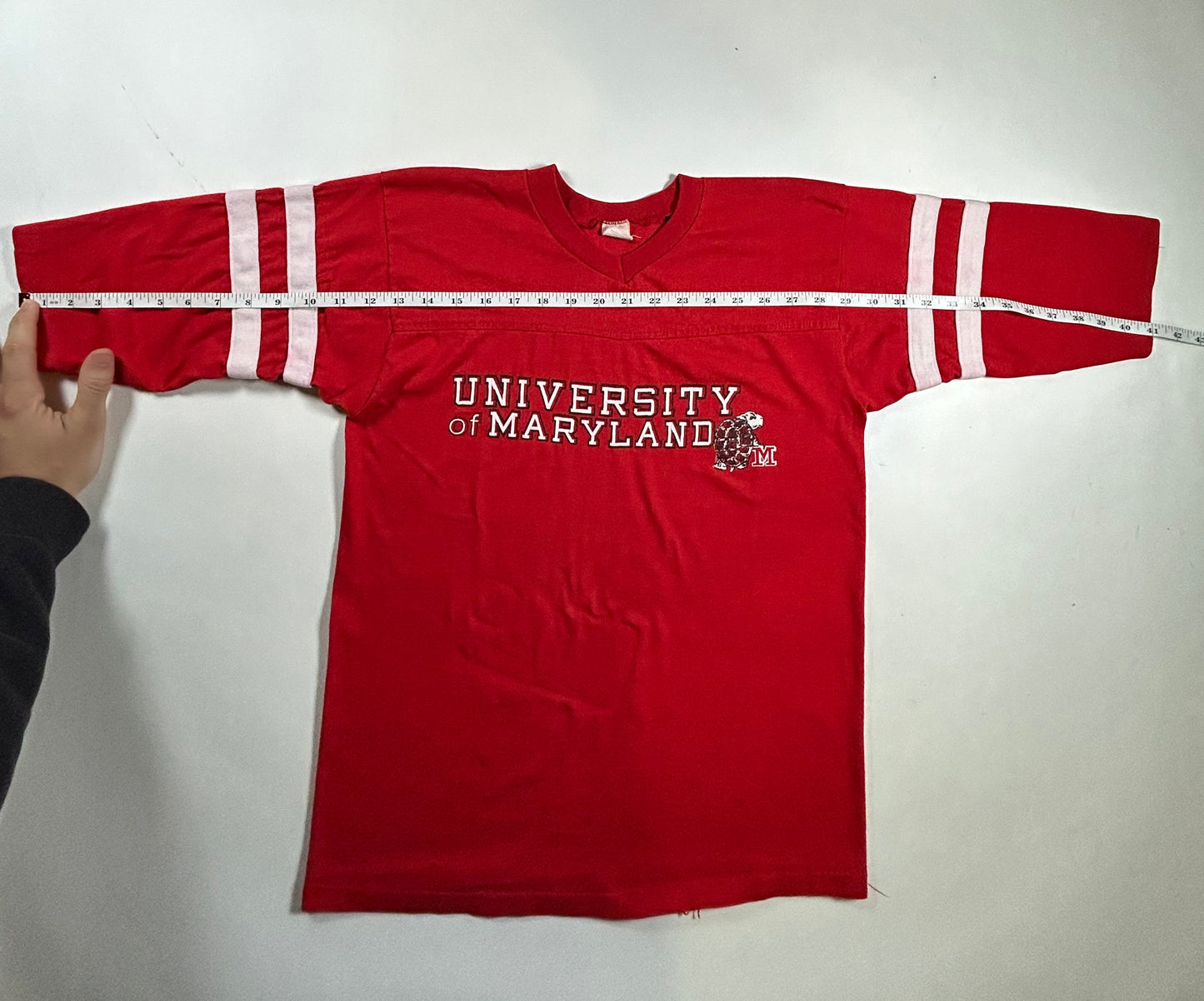 Vintage University of Maryland College Red 3/4 Sleeve Tee Velva Sheen 80s 18.5x25 Inches