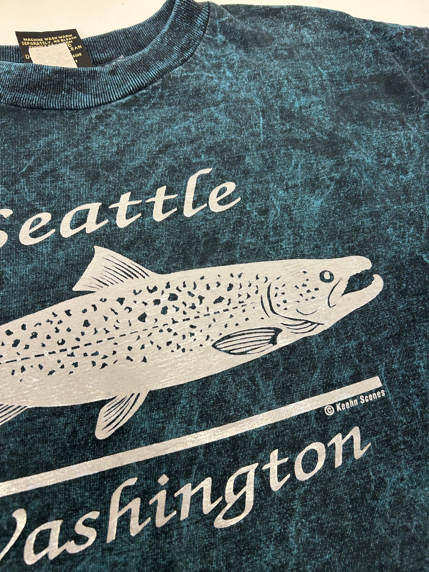 Vintage 90s Seattle Washington Trout Fish Green Dye Tee Tagged OSFA Boxyish L/XL Fit 23.5x27.75 Inches
