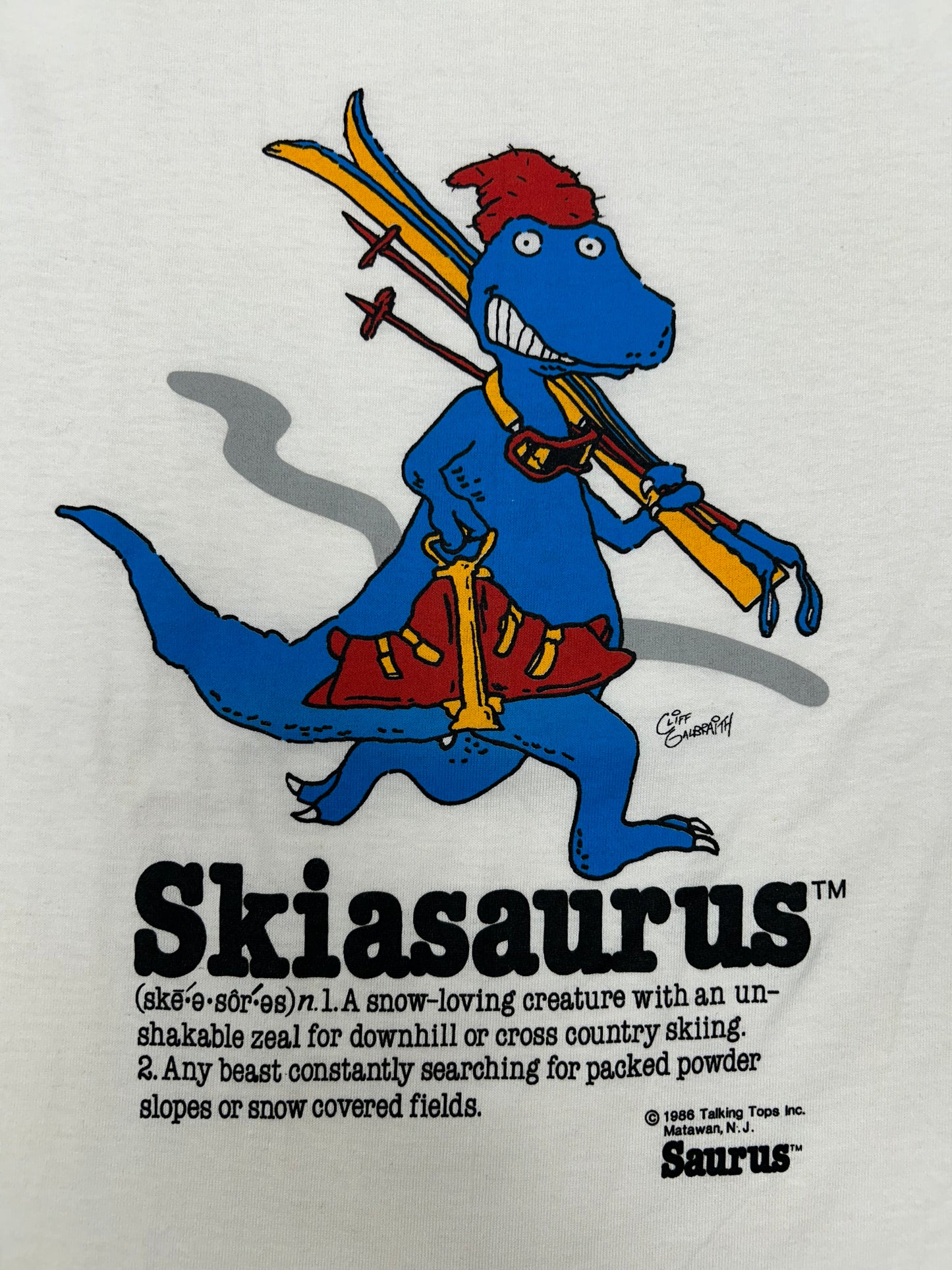 Vintage 1986 Saurus Gang Skiasaurus Talking Tops Dinosaurs T-Shirt 18.75x27.25 S/M