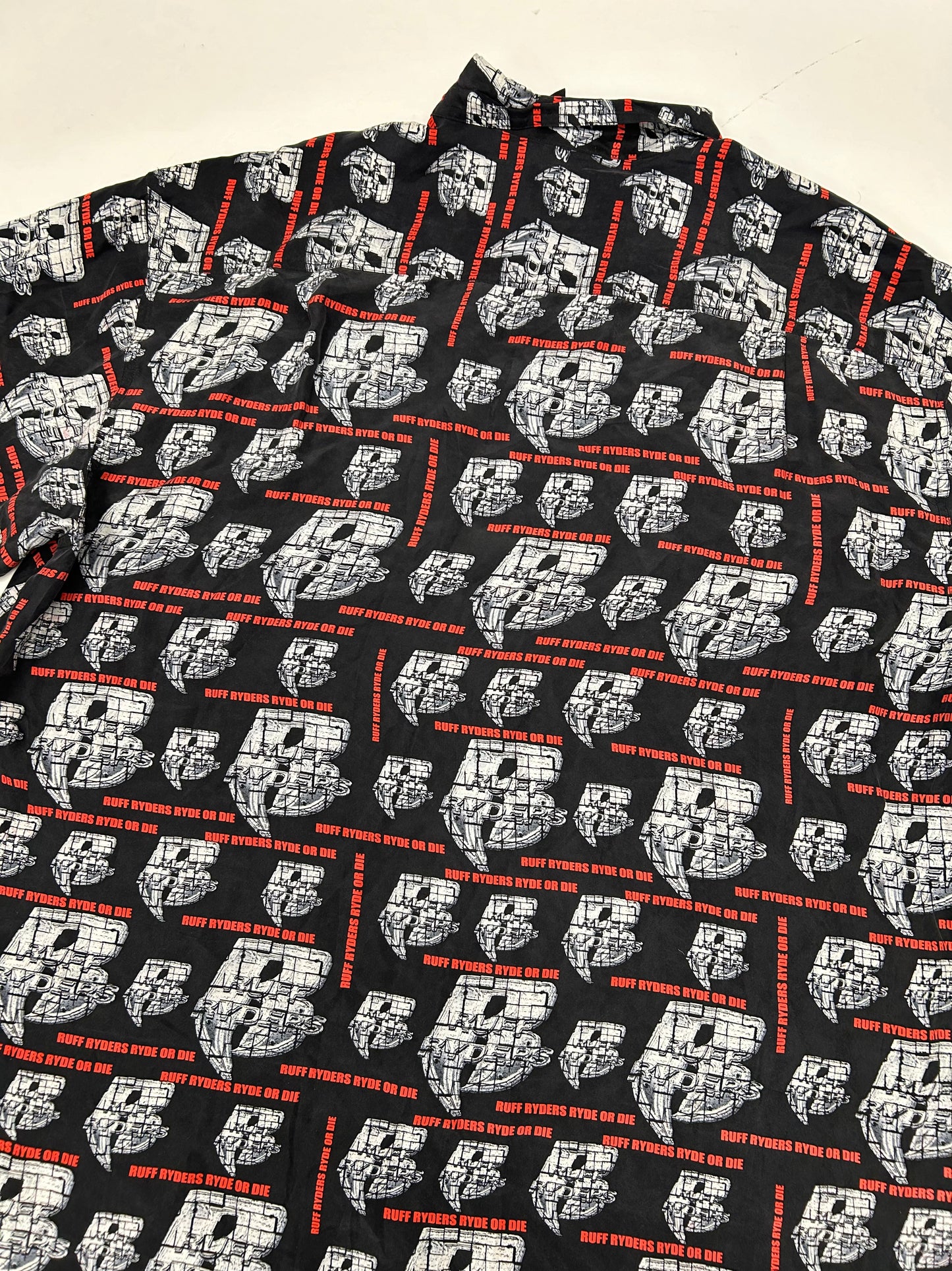 Vintage Ruff Ryders Ryde Or Die Button Up Silk All Over Print DMX Rap Tee XL/2XL 27.5x33.75/35.5 Inches