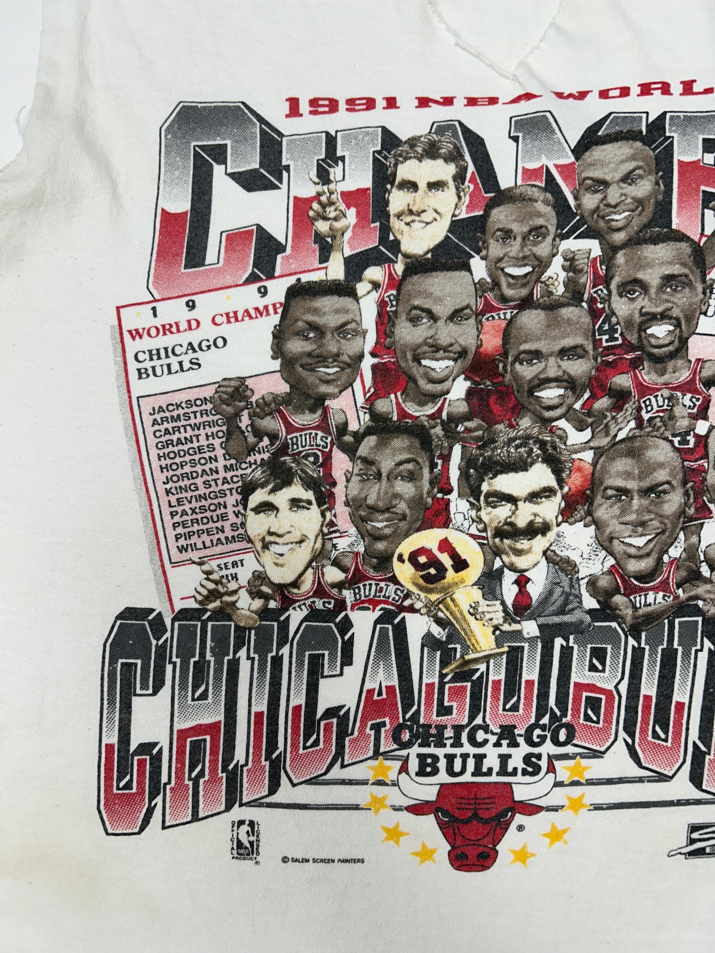 Vintage Chicago Bulls 1991 NBA Champs Caricature Team Salem Sportswear Sleeveless Chopped Tank Top Tee Medium/Small Fit