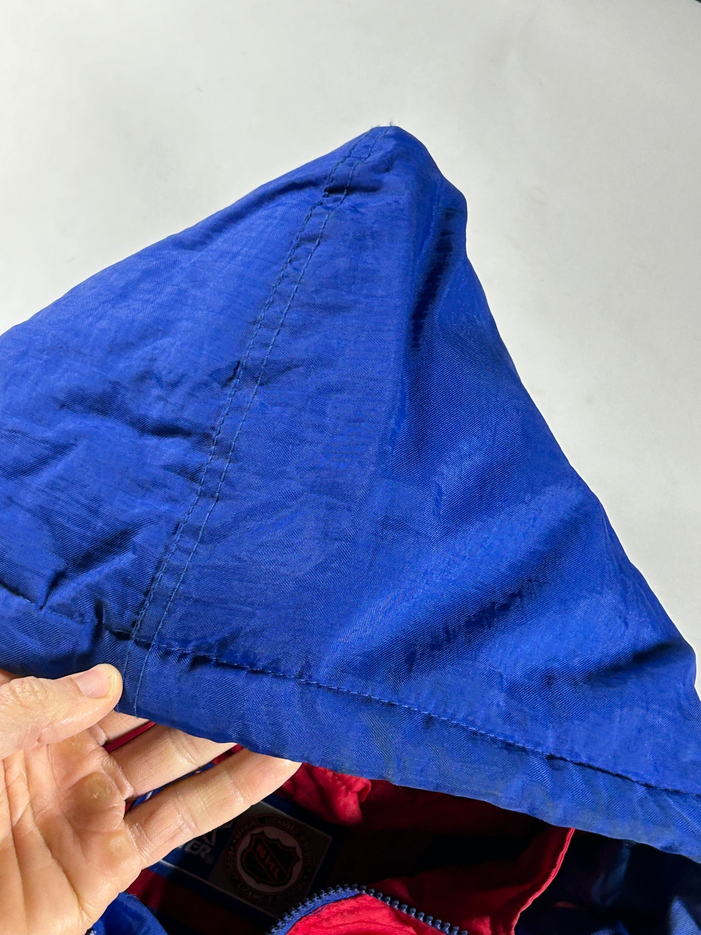 Vintage 90s Starter New York Rangers NHL Pullover Puffer Jacket Half Zip Hooded Jacket XL 29x30.25 Inches