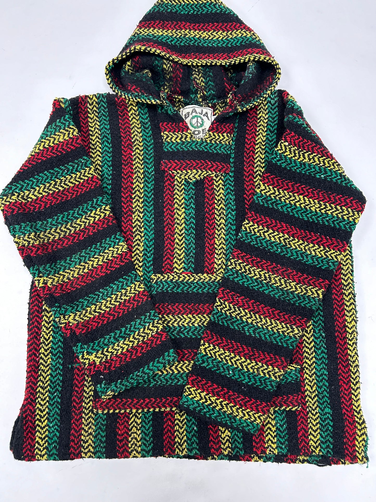 BAJA JOE Drug Rug Rasta Woven Knit Sweater Hoodie Jamaca Tagged Small Mexico