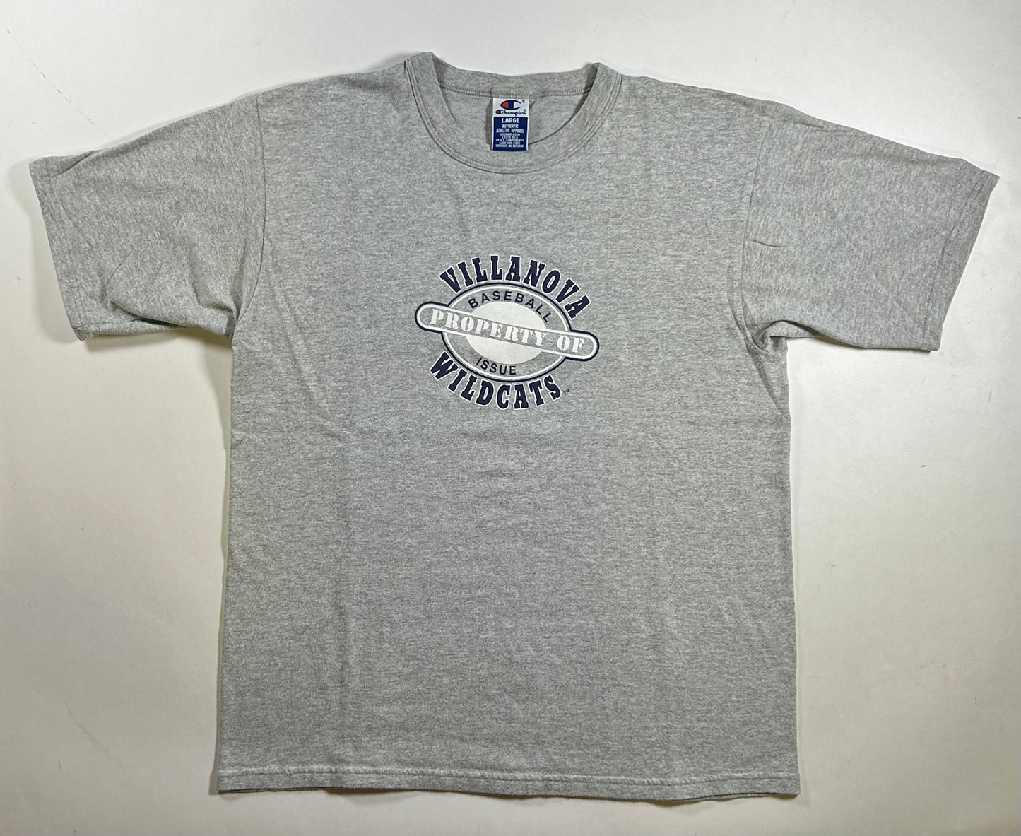 Vintage Champion Villanova Wildcats Baseball Issue Property Of College Tee Large 21.75x27.5 Inches Gray