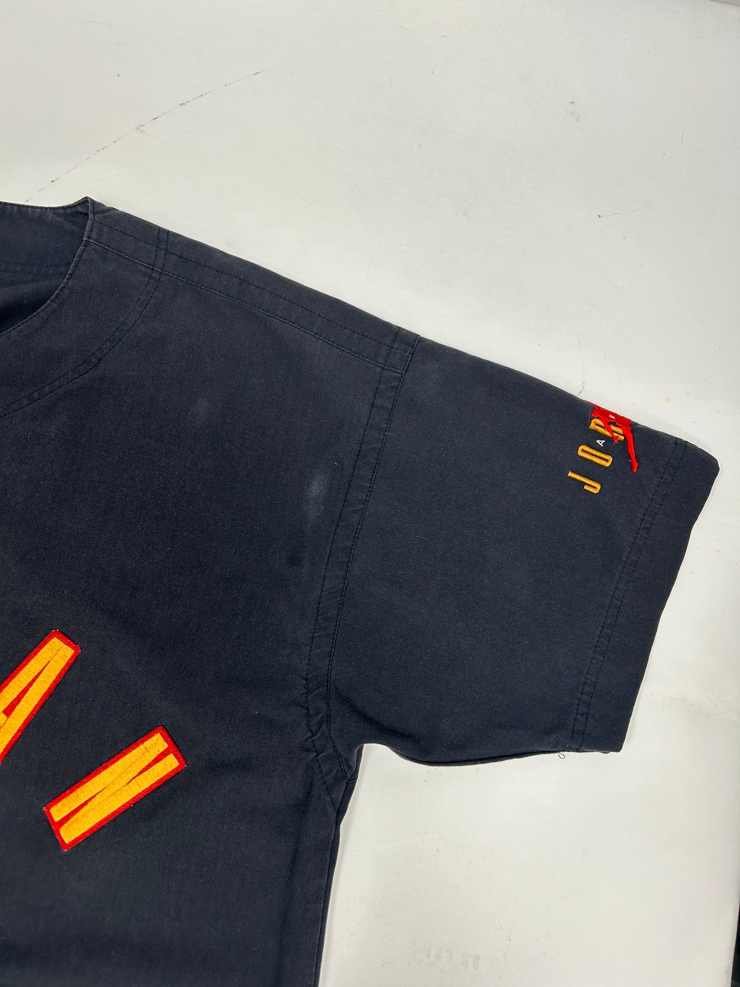 Vintage Nike Air Jordan 'Spellout Logo' Baseball Jersey Black 1991 Rare XL 26.75x32.75/35.25 Inches.