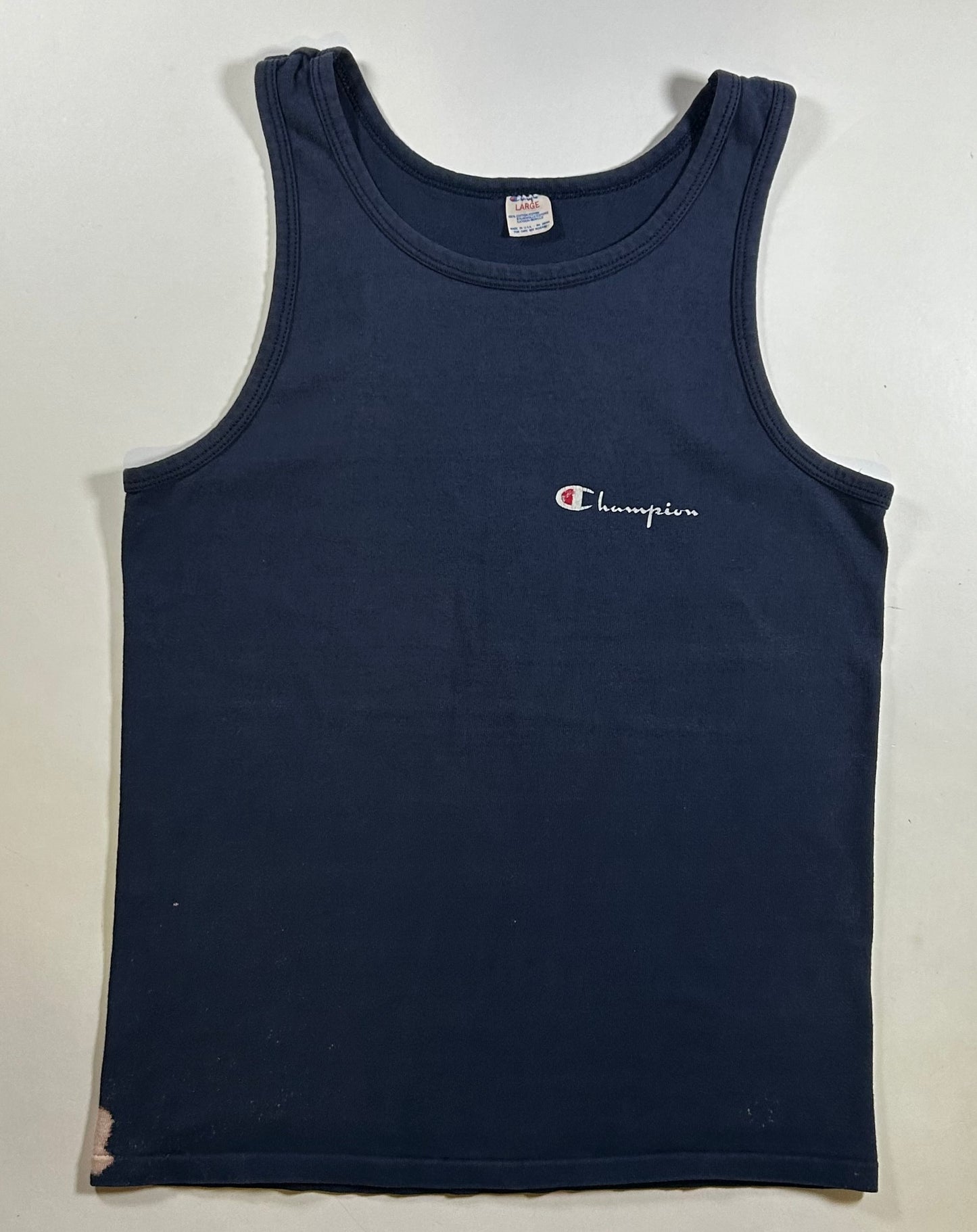 Vintage Champion Chest Script Spell Out Logo Tank Top Sleeveless Shirt As Is Bleach Spots & Fading M/S Fit 18.5x27.25 Inches USA 100% Cotton