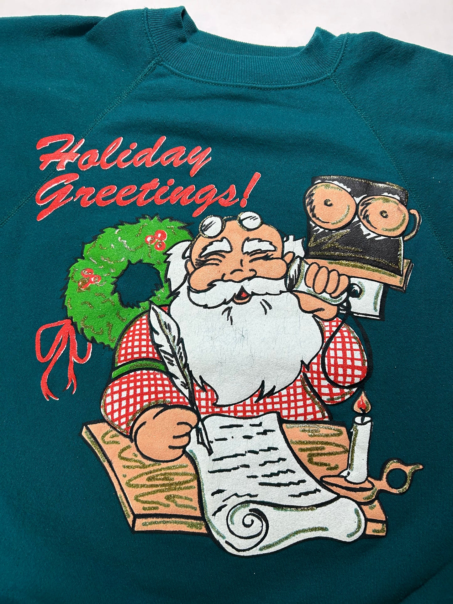 Vintage 90s Holiday Greetings Santa Christmas List Crewneck Sweatshirt Raglan Small 19.25x26.5 Inches