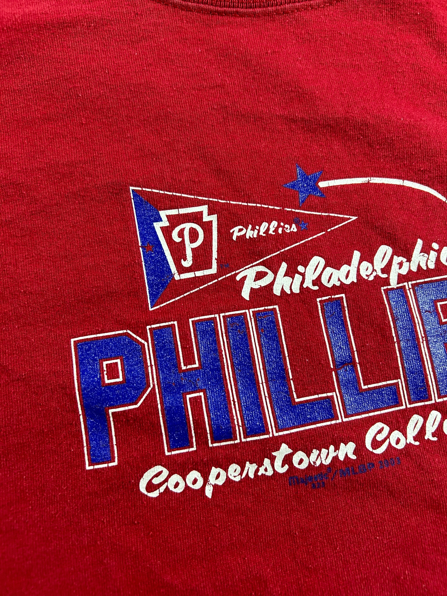 Vintage Majestic Cooperstown Collection Philadelphia Phillies MLB Long Sleeve Tee Large 21.75x28.75 Inches As Is Has Unstitching On Sleeve