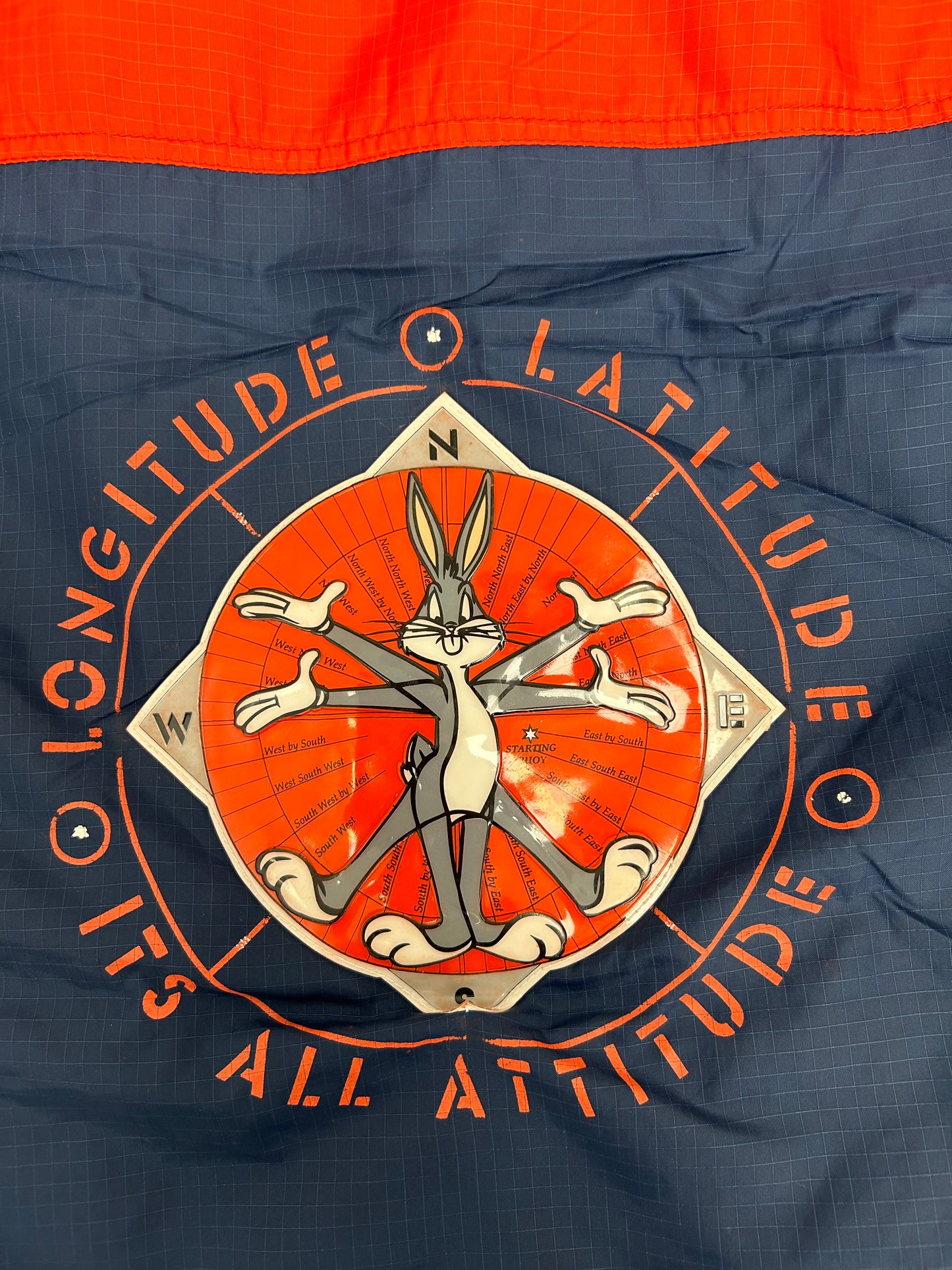 Vintage 1996 Warner Bros. Looney Tunes Bugs Bunny Longitude/Latitude Windbreaker Jacket Large 27.25x29.25 Inches Can Fit XL