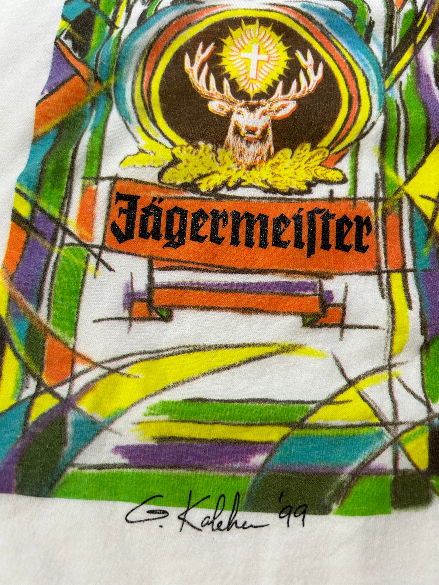 Vintage Jägermeister Alchol Promo Art Graphic Tee G. Kalehen ‘99 White XL 25x29 Inches