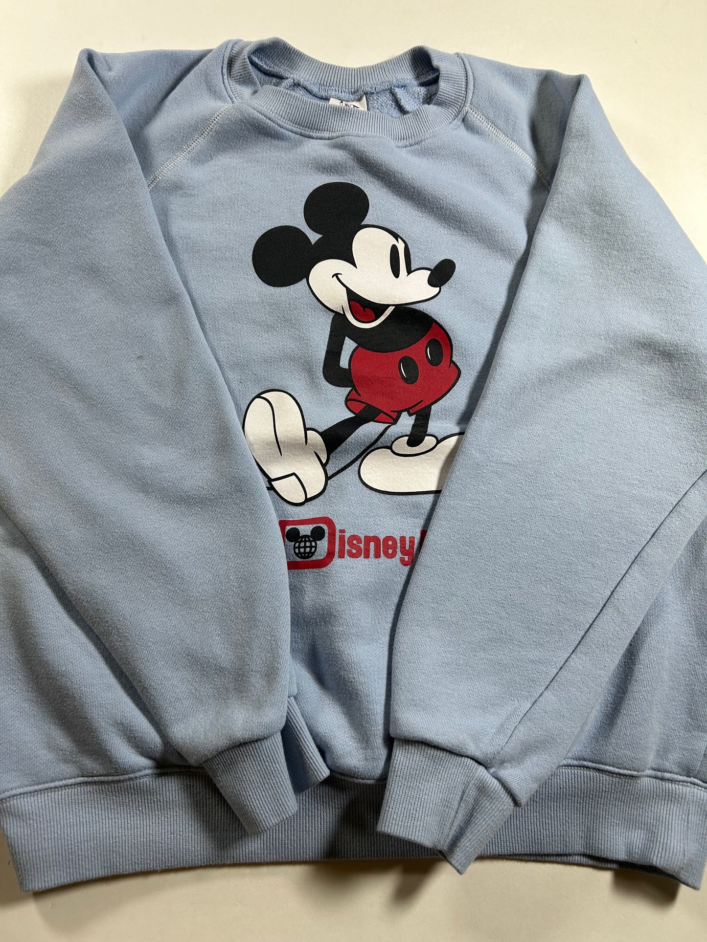 Walt Disney World Mickey Mouse Crewneck Sweatshirt Light Blue As Is Medium/Small Fit 22.75x24.5 Inches