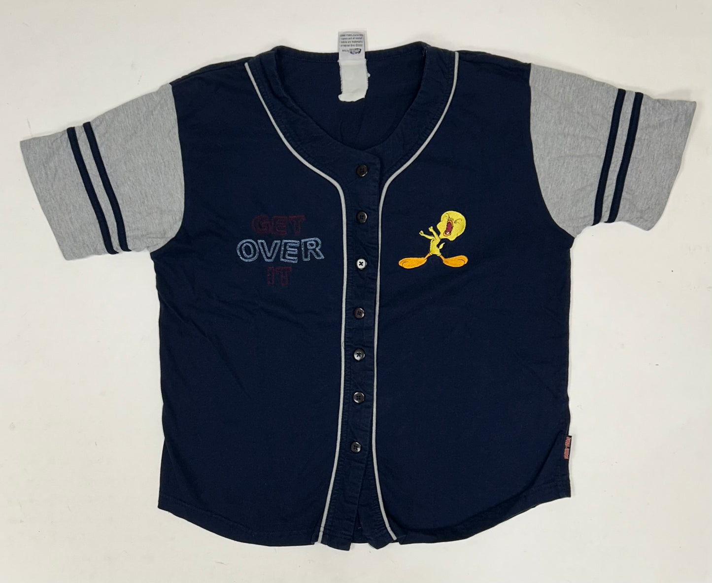 Vintage 2002 Looney Tunes Tweety Bird Get Over It Button Up Baseball Style Jersey Medium/Small 21.5x25.25 Inches