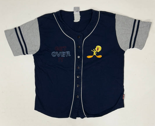 Vintage 2002 Looney Tunes Tweety Bird Get Over It Button Up Baseball Style Jersey Medium/Small 21.5x25.25 Inches