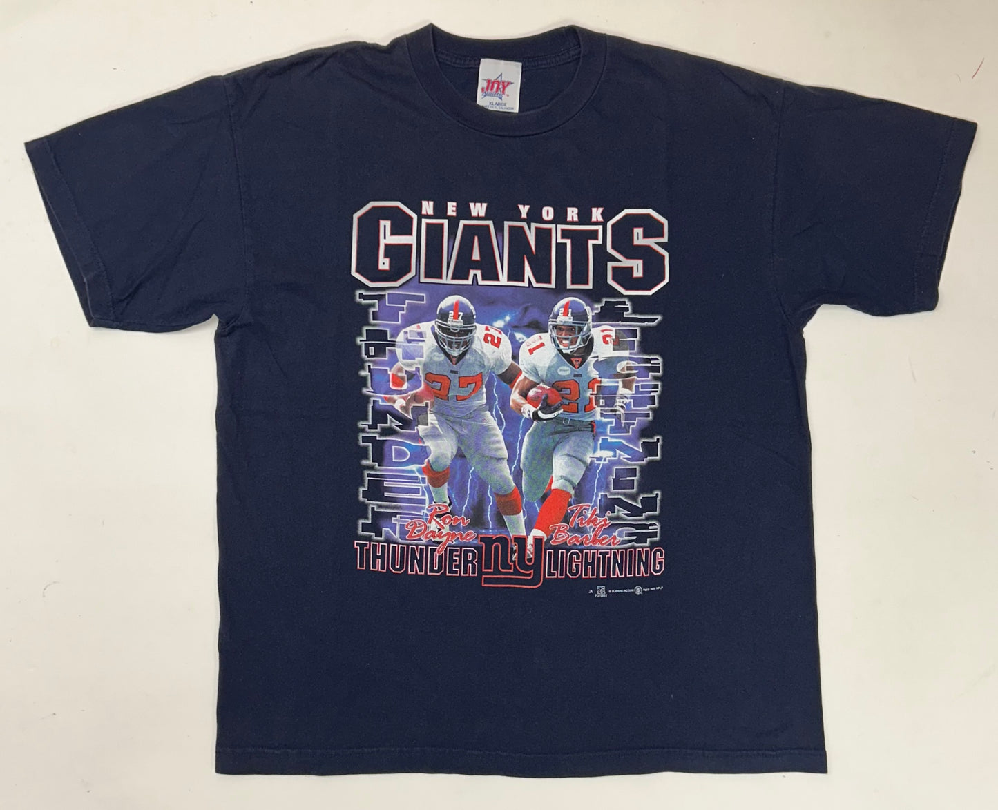 Vintage Joy Athletics 2000 New York Giants Thunder & Lighting Tiki Barber Ron Dayne NFL Tee XL