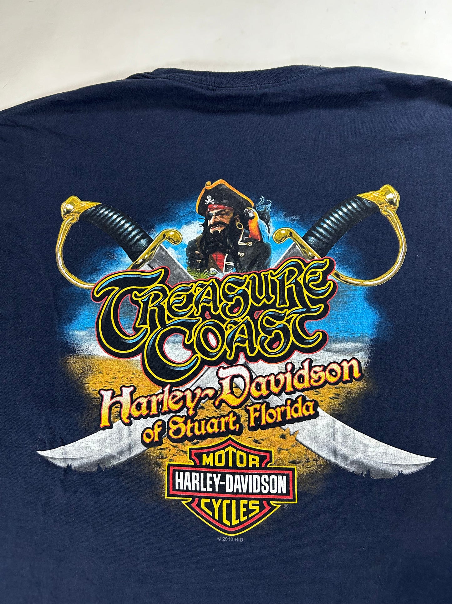 2010s Harley Davidson Motorcycles Treasure Coast Stuart Florida Pirate Graphic Tee 2XL 25.75x31 Inches Navy