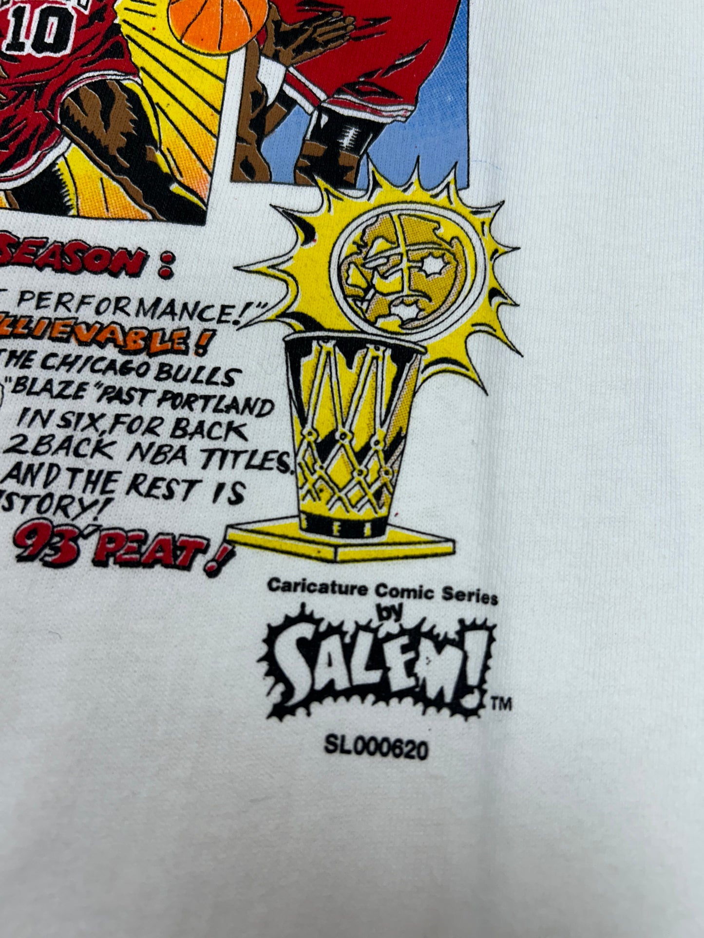 Vintage 1993 Chicago Bulls 3 Time NBA World Champs Caritcure Team Comic Strip Salem Sportswear Tee DS New With Sticker Large