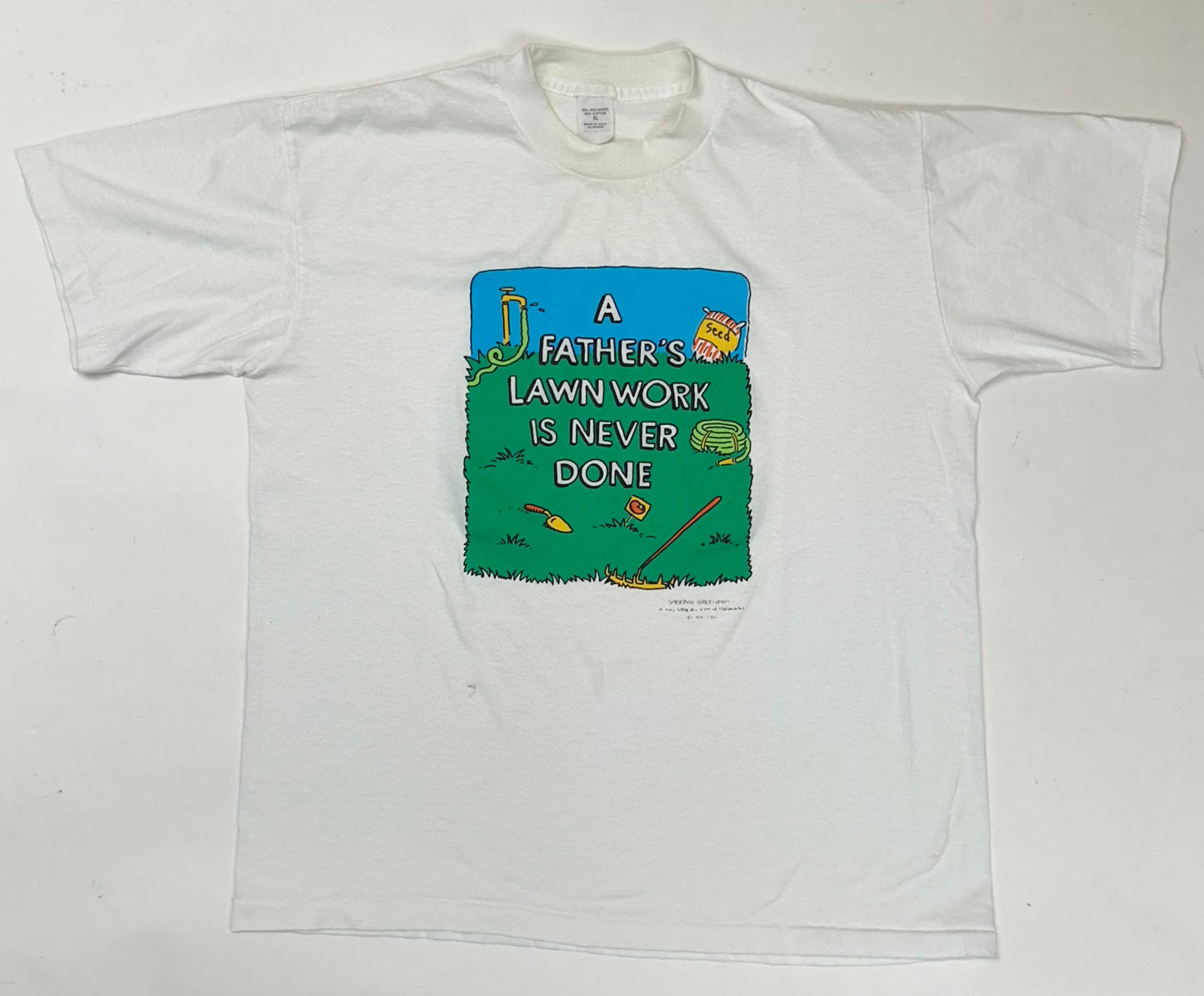 Vintage A Father’s Lawn Work Is Never Done Shoebox Greetings Funny Tee L/XL 22.5x27.25 Inches Fit