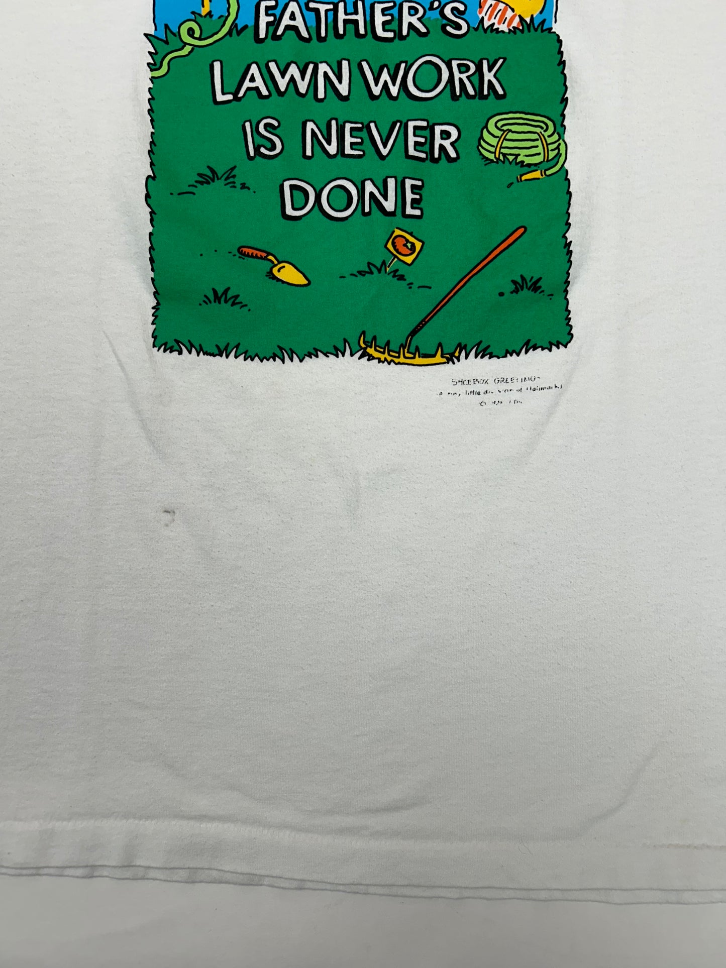 Vintage A Father’s Lawn Work Is Never Done Shoebox Greetings Funny Tee L/XL 22.5x27.25 Inches Fit
