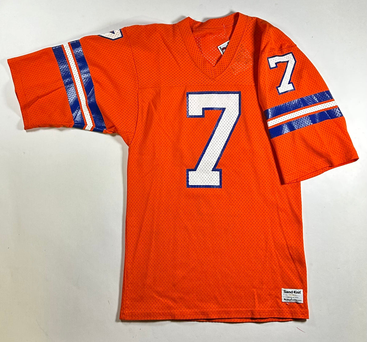 Vintage 80s Sand Knit Denver Broncos John Elway NFL Orange Jersey USA Small 17.5x30 Inches
