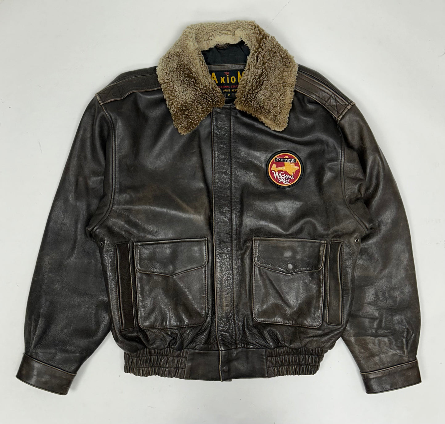 Vintage 90s The Axiom Traditional Leather Pete’s Wicked Ale Leather Jacket Beer Brewery Medium 25x28 Inches