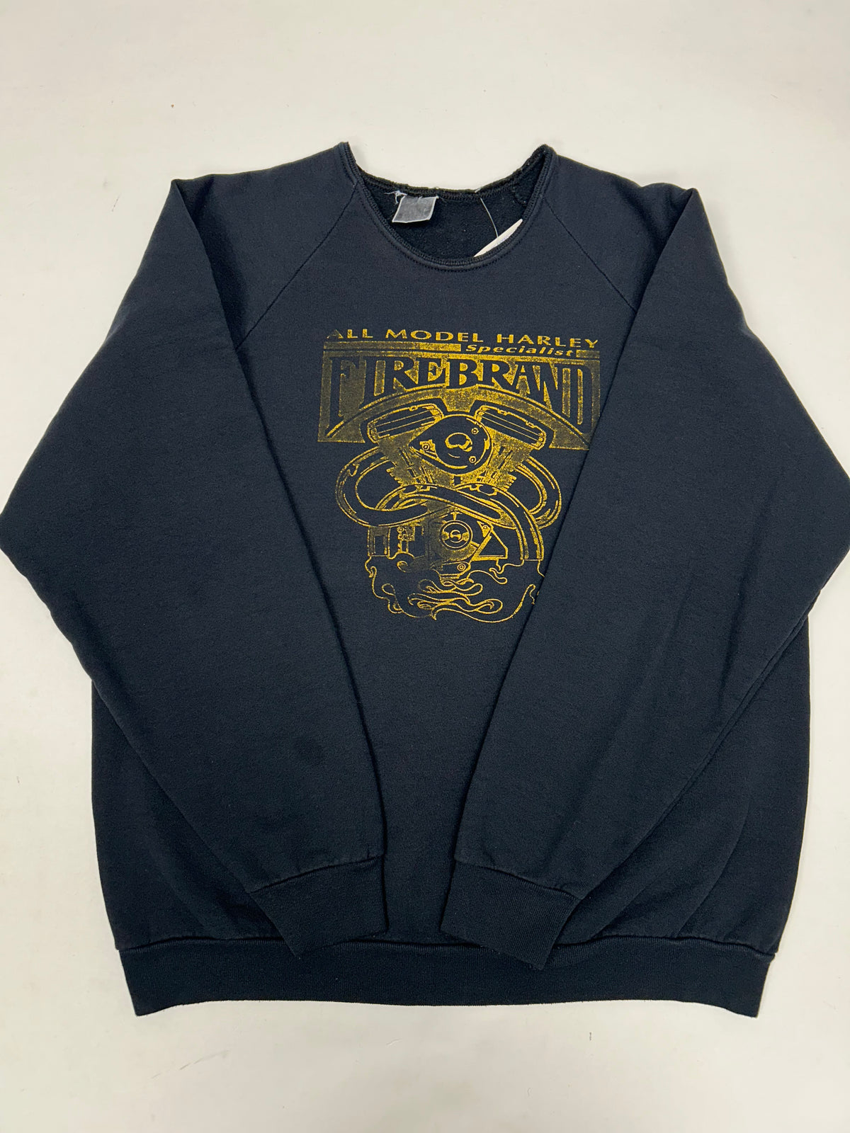 Vintage All Model Harley Specialist Fire Brand Warrington England Crewneck Sweatshirt Chopped Collar M/L Fit 22.75x27 Inches As Is Faded & Worn In