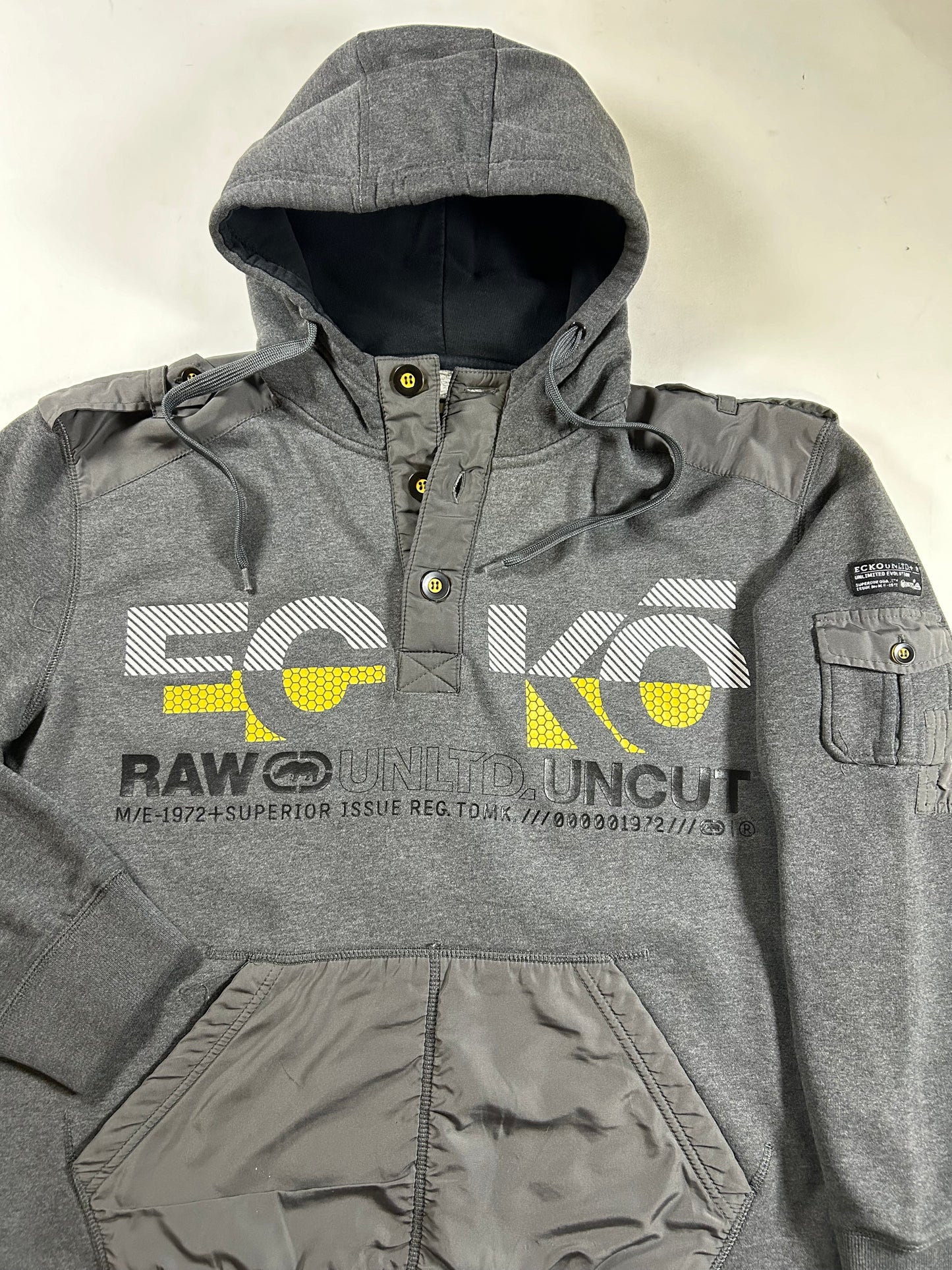 Vintage Eckō Unltd. Raw & Uncut Hooded Sweatshirt Gray Y2K Size Large 24.25x27
