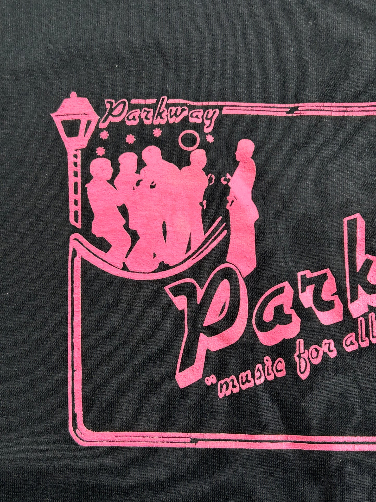 Vintage Parkway Music For All Occasions Tee Black As Is Has Bleach Marks 20x28.5 Inches