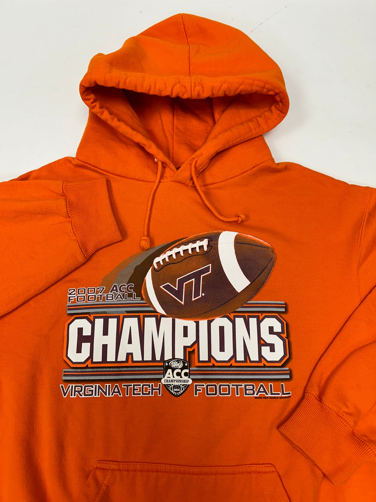 2007 Virginia Tech ACC Football Champions Hooded Sweatshirt Orange Medium 23.75x27 Inches