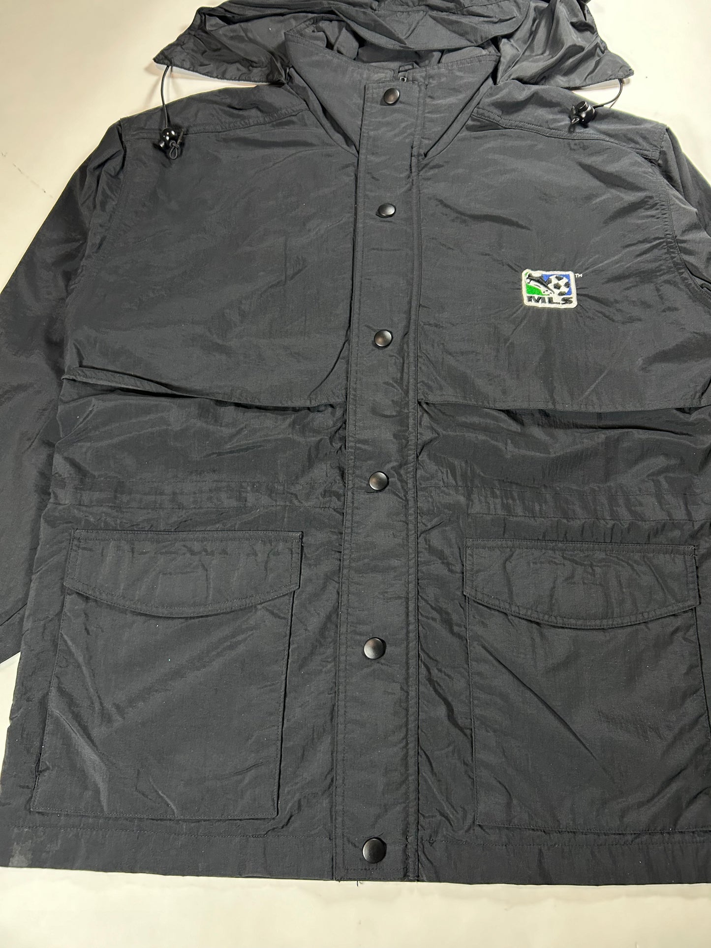 Vintage MLS Soccer Tri Mountain Black Windbreaker Zip Jacket 25.25x31 Big Fit Mediumish