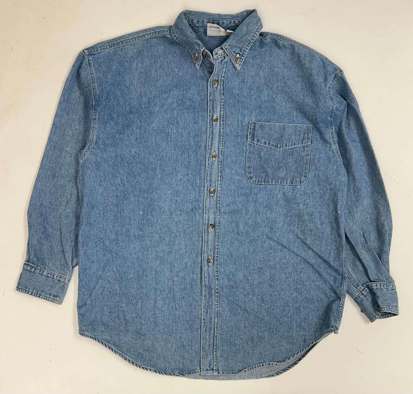 Vintage 1993 Acme Clothing Co. Warner Bros Football Embroidered Logo Denim Button Up Shirt Medium 23.75x30.75 Inches